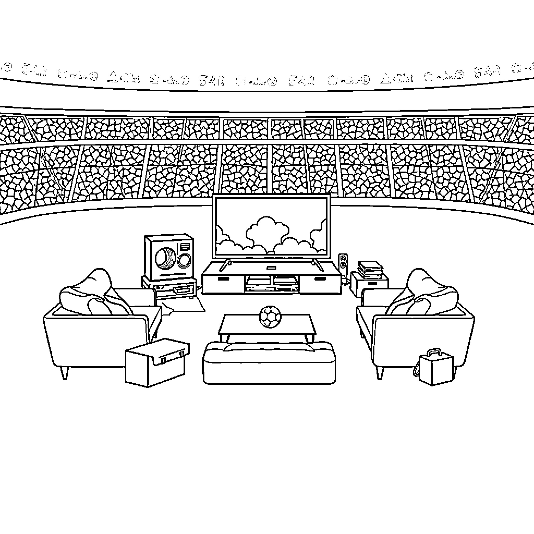 Football Pitch Transformed into Cozy Living Room Coloring Page (free black-and-white line drawing printable PDF for all, from beginners to advanced learners, including children, teens, adults, and seniors)