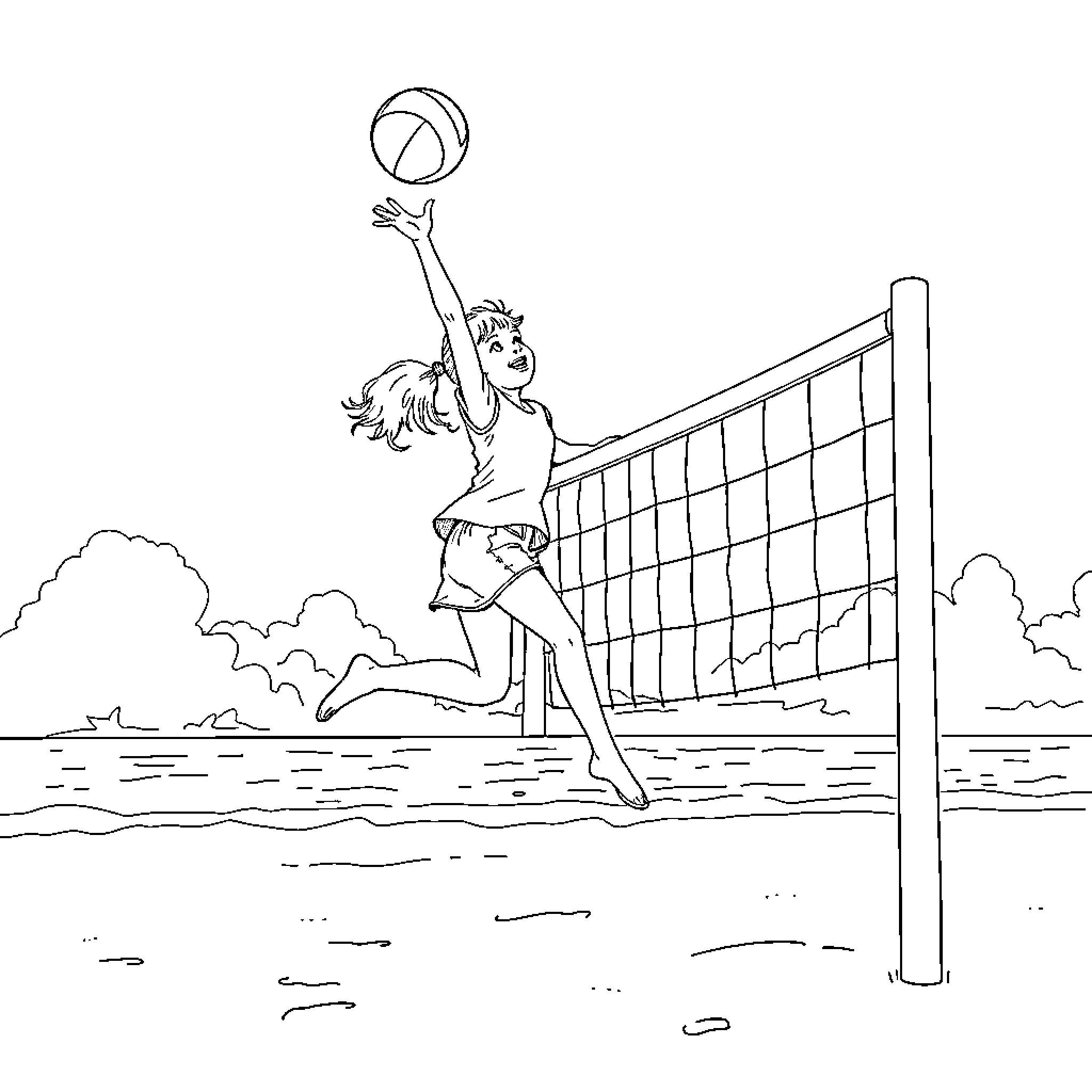 Girl playing volleyball on the beach Coloring Page (free black-and-white line drawing printable PDF for all, from beginners to advanced learners, including children, teens, adults, and seniors)