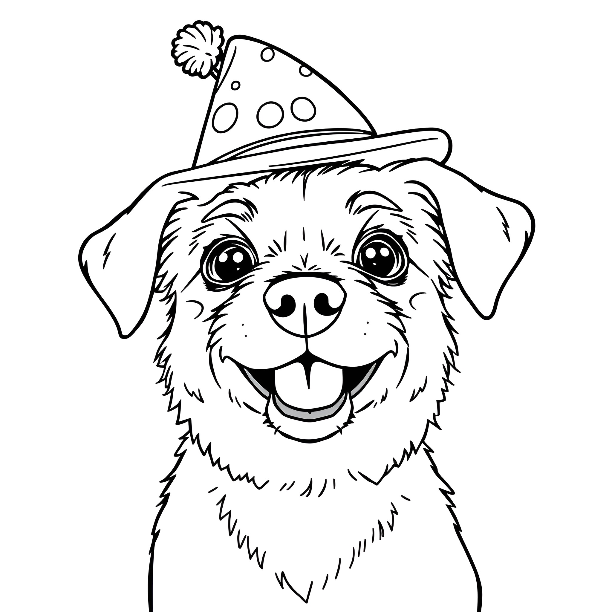 Dog wearing a party hat and smiling happily Coloring Page (free black-and-white line drawing printable PDF for all, from beginners to advanced learners, including children, teens, adults, and seniors)