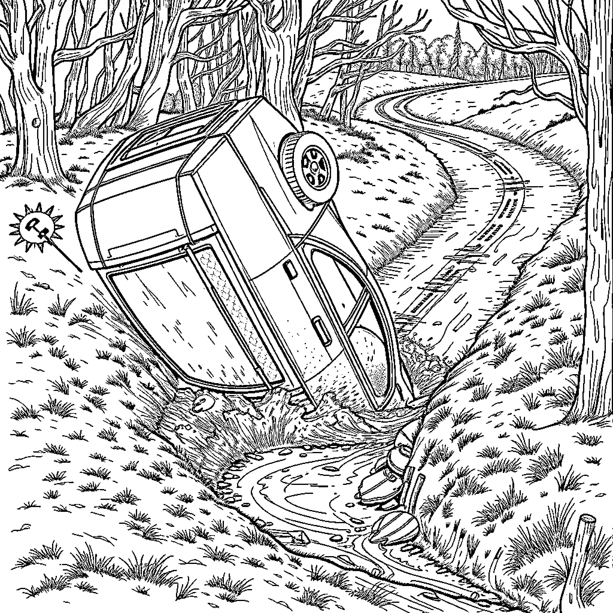 Car accident on the country road Coloring Page (free black-and-white line drawing printable PDF for all, from beginners to advanced learners, including children, teens, adults, and seniors)