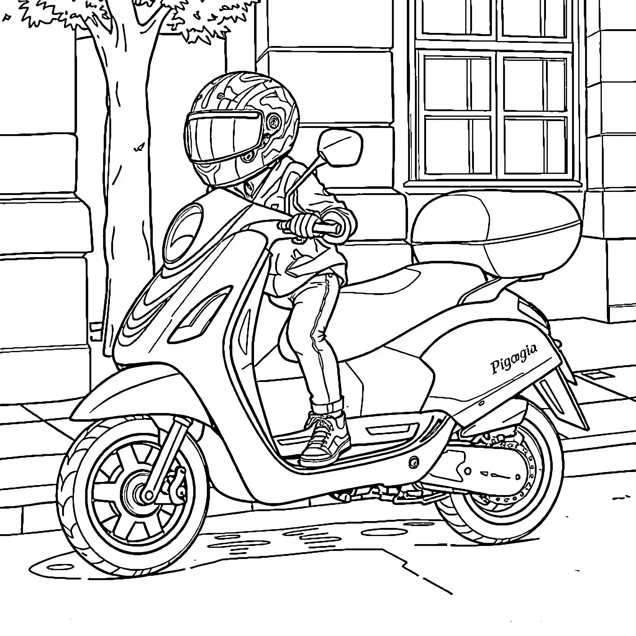 Piaggio scooter rider navigating city street Coloring Page (free black-and-white line drawing printable PDF for all, from beginners to advanced learners, including children, teens, adults, and seniors)