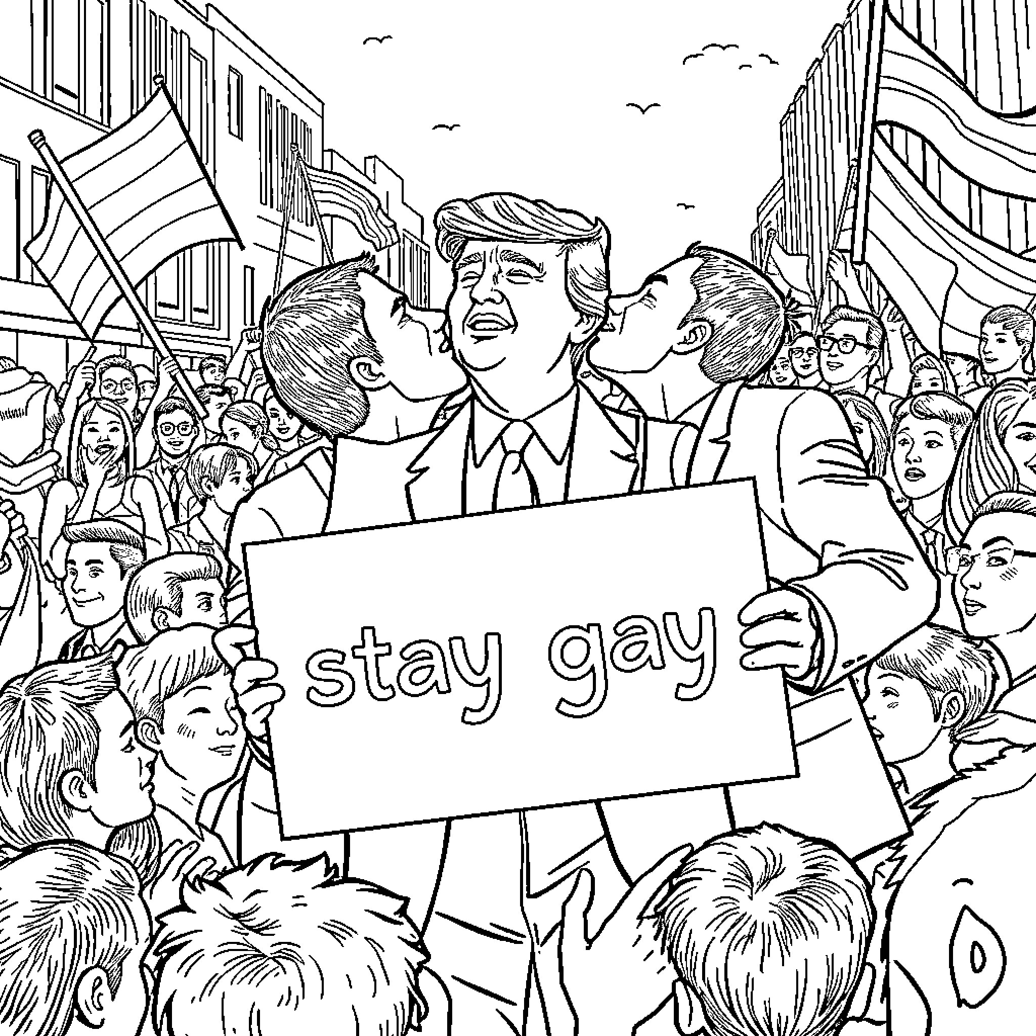 Donald Trump Addressing Protesters at a LGBTQ Rally Coloring Page (free black-and-white line drawing printable PDF for all, from beginners to advanced learners, including children, teens, adults, and seniors)