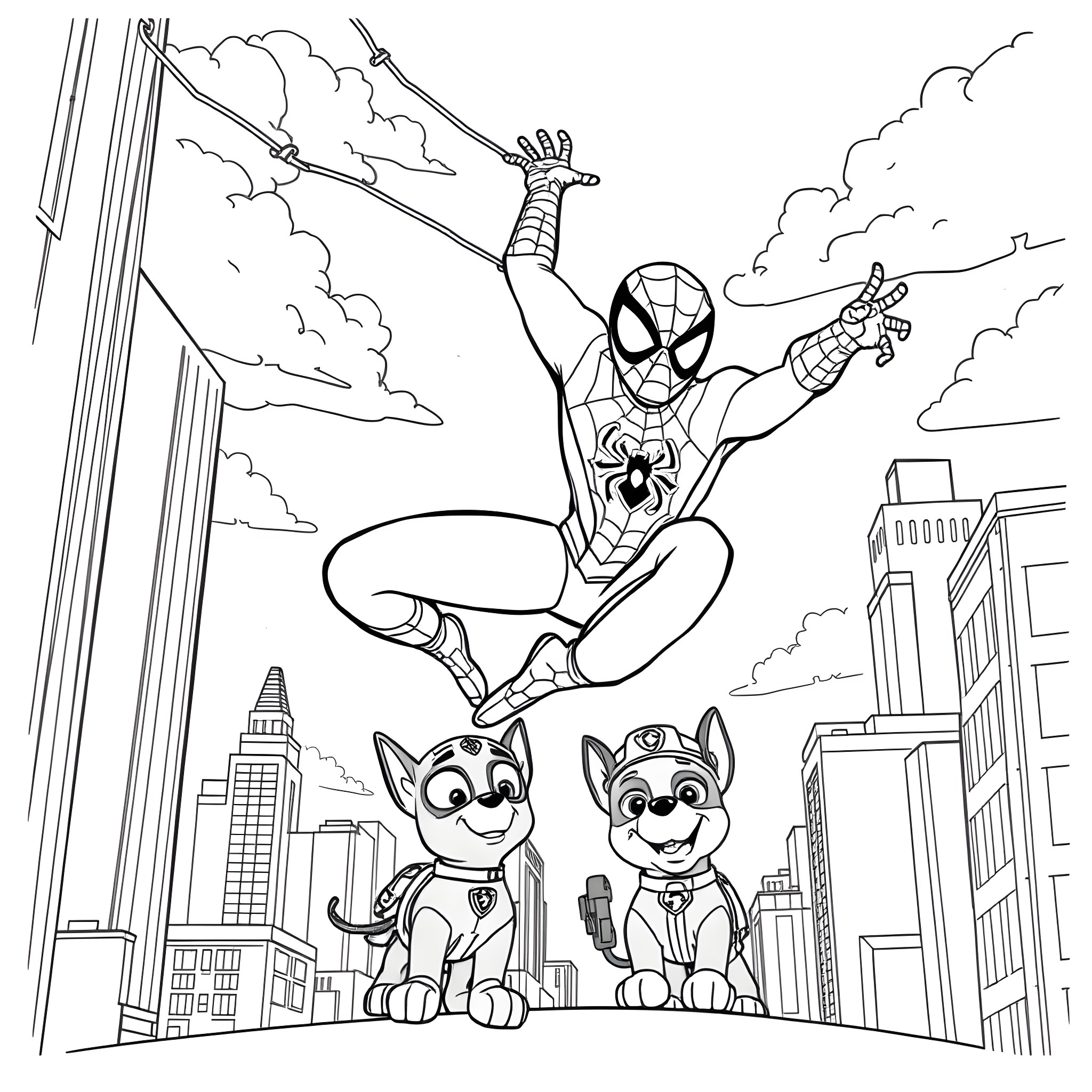 Spiderman Swinging Through the City with Paw Patrol Pups Coloring Page (free black-and-white line drawing printable PDF for all, from beginners to advanced learners, including children, teens, adults, and seniors)
