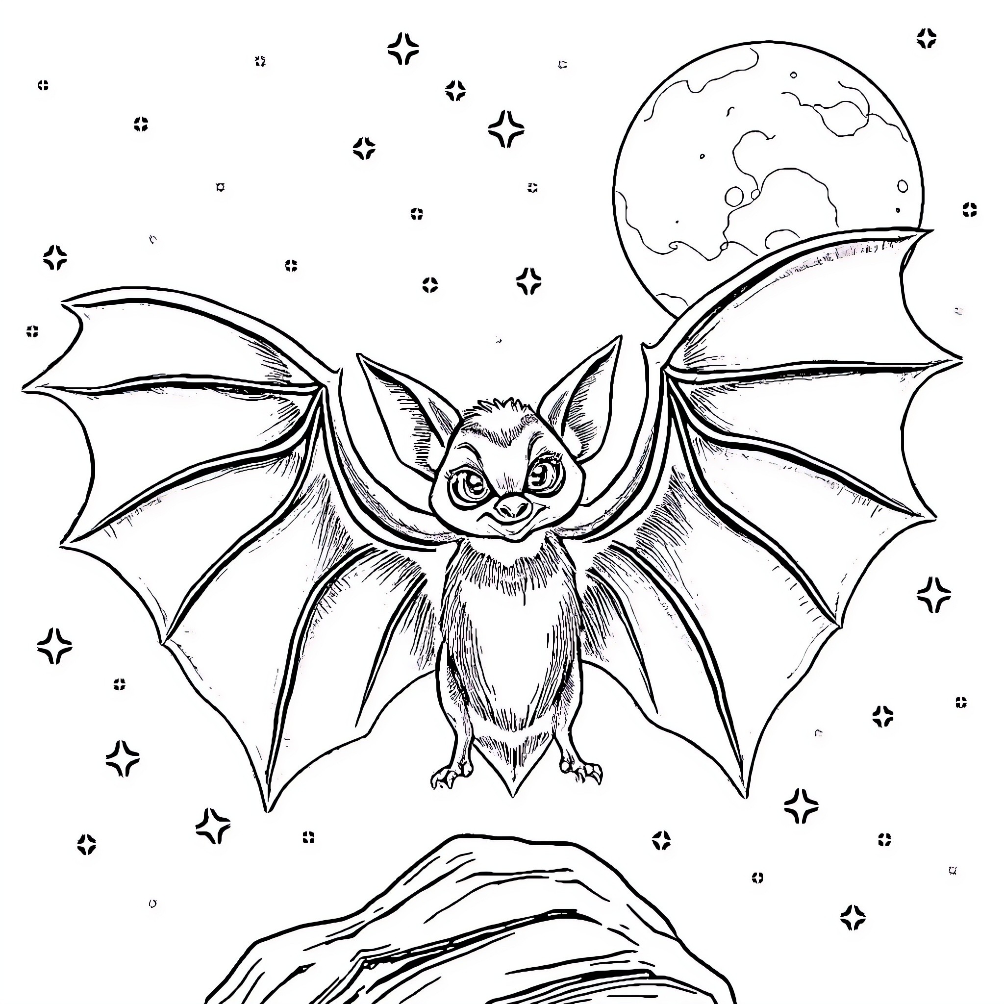 Rouge the Bat flying through the starry night sky Coloring Page (free black-and-white line drawing printable PDF for all, from beginners to advanced learners, including children, teens, adults, and seniors)