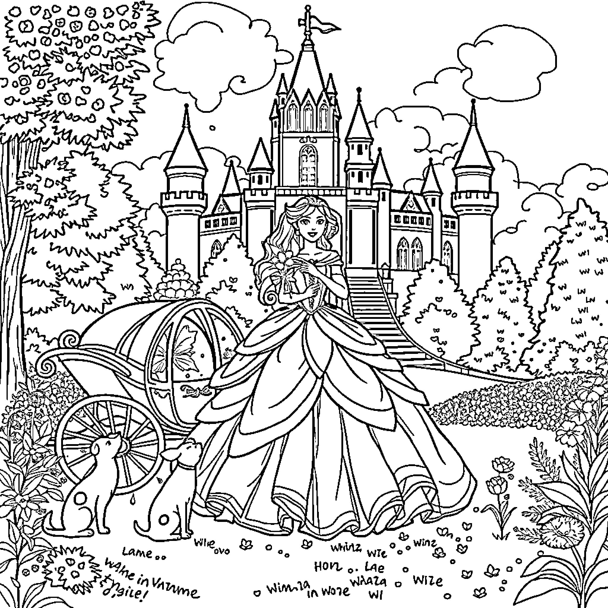 Princess in a Magical Castle Garden Coloring Page (free black-and-white line drawing printable PDF for all, from beginners to advanced learners, including children, teens, adults, and seniors)
