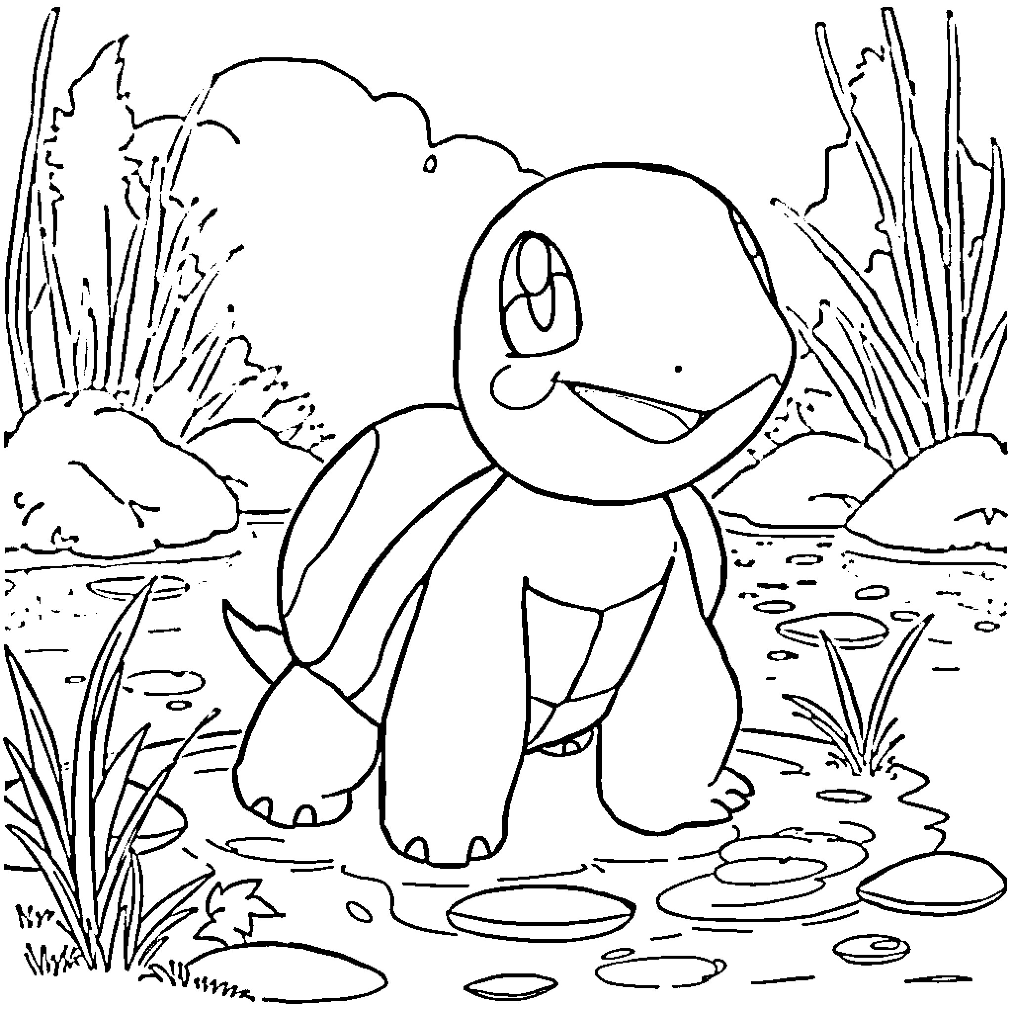 Carapuce exploring the natural habitat Coloring Page (free black-and-white line drawing printable PDF for all, from beginners to advanced learners, including children, teens, adults, and seniors)