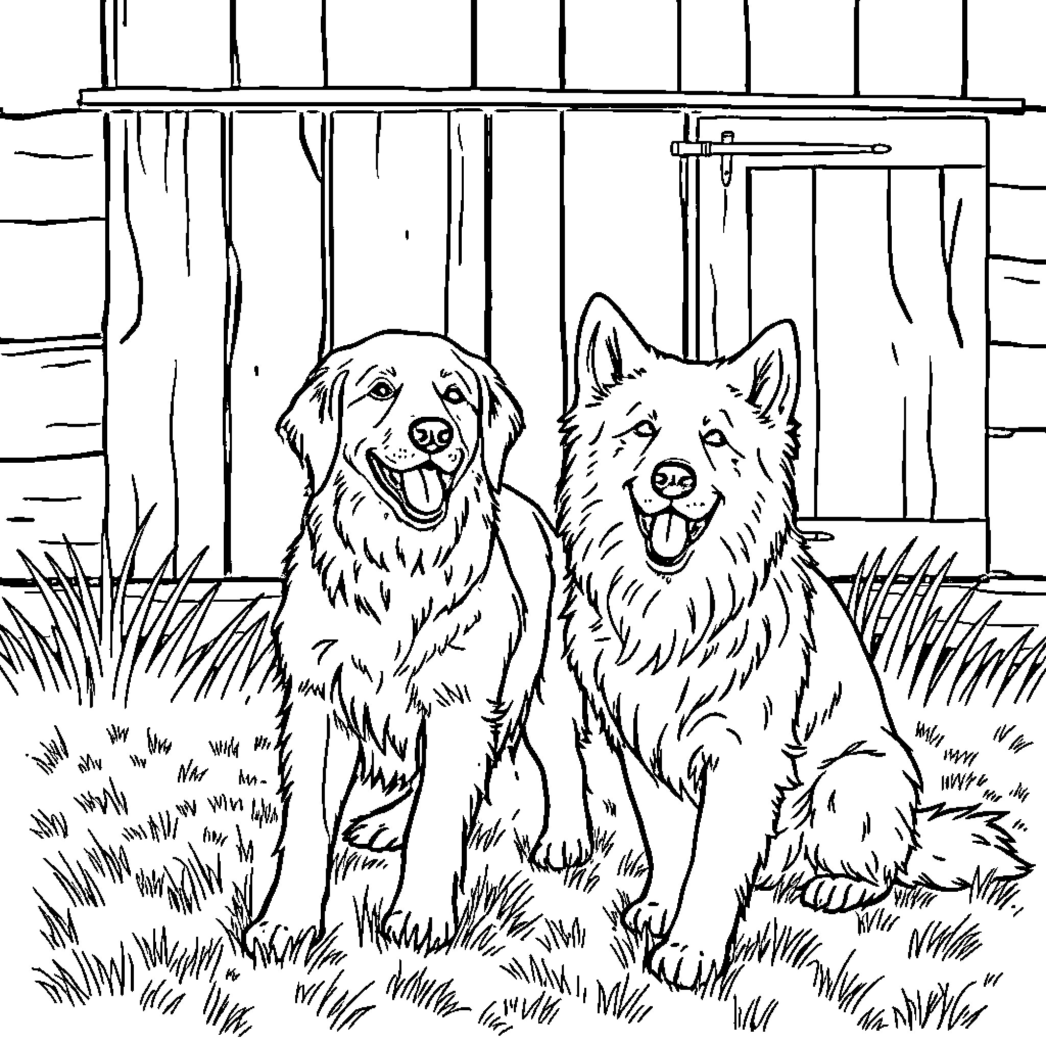 Dog companions enjoying outdoor scenery Coloring Page (free black-and-white line drawing printable PDF for all, from beginners to advanced learners, including children, teens, adults, and seniors)