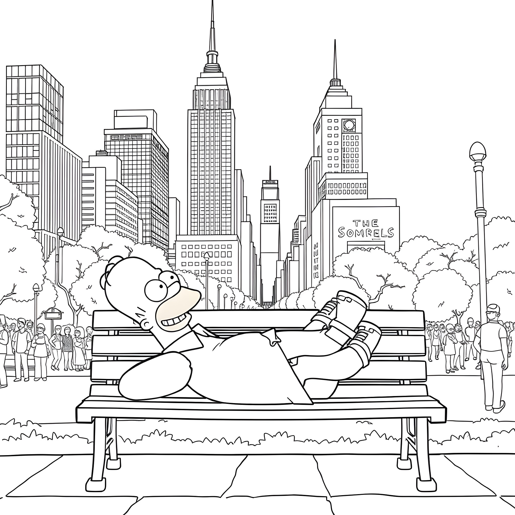 Homer Simpson relaxing on a park bench in New York City Coloring Page (free black-and-white line drawing printable PDF for all, from beginners to advanced learners, including children, teens, adults, and seniors)