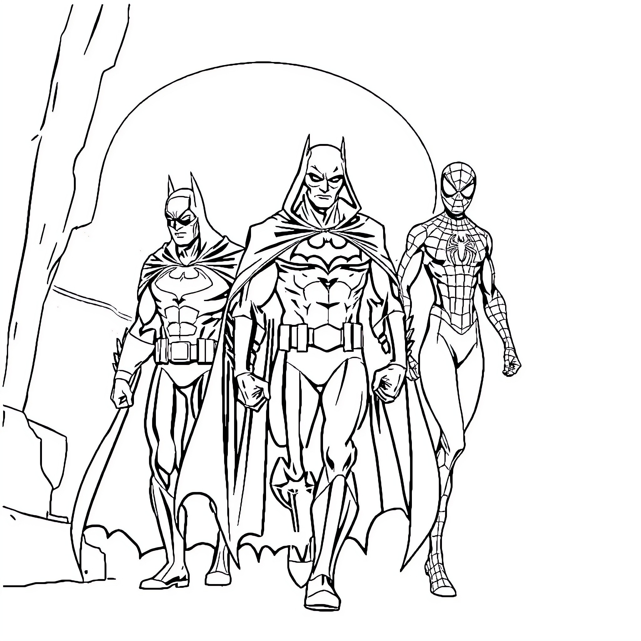 Phantom Heroes Assembled for Action Coloring Page (free black-and-white line drawing printable PDF for all, from beginners to advanced learners, including children, teens, adults, and seniors)