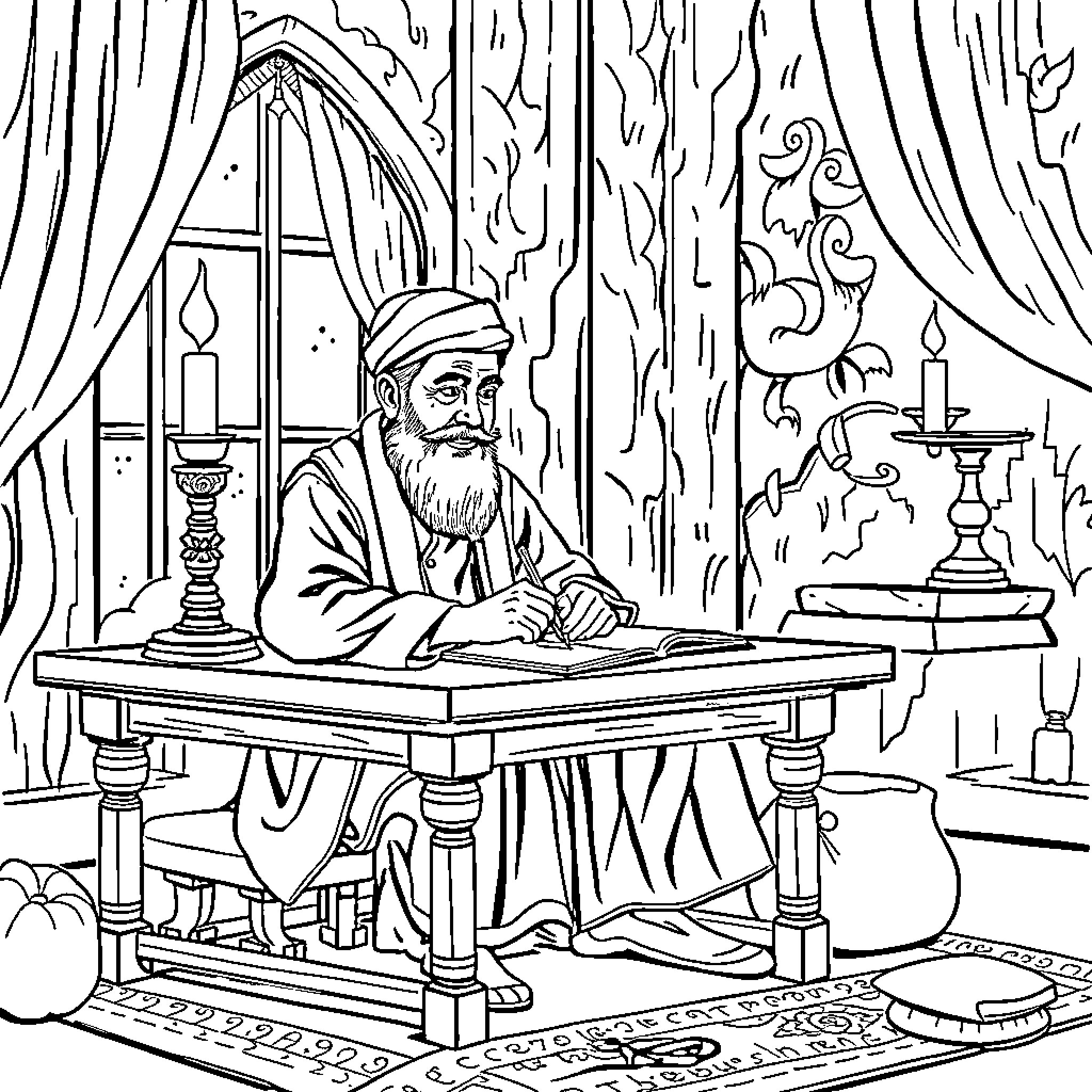 Ghalib contemplating in his study Coloring Page (free black-and-white line drawing printable PDF for all, from beginners to advanced learners, including children, teens, adults, and seniors)