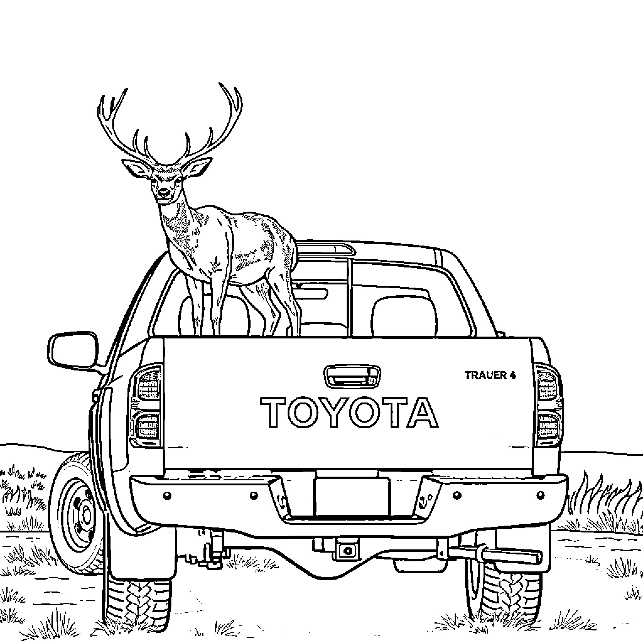 Deer standing proudly on the Toyota truck Coloring Page (free black-and-white line drawing printable PDF for all, from beginners to advanced learners, including children, teens, adults, and seniors)