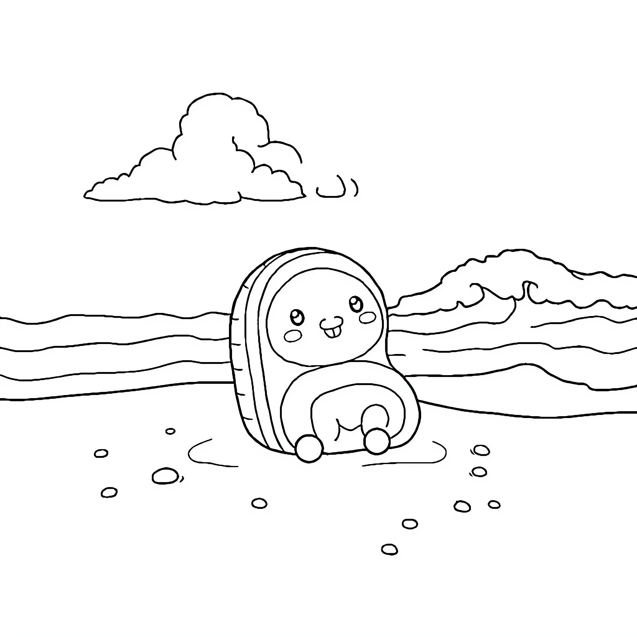Cinnamonroll relaxing on the beach Coloring Page (free black-and-white line drawing printable PDF for all, from beginners to advanced learners, including children, teens, adults, and seniors)