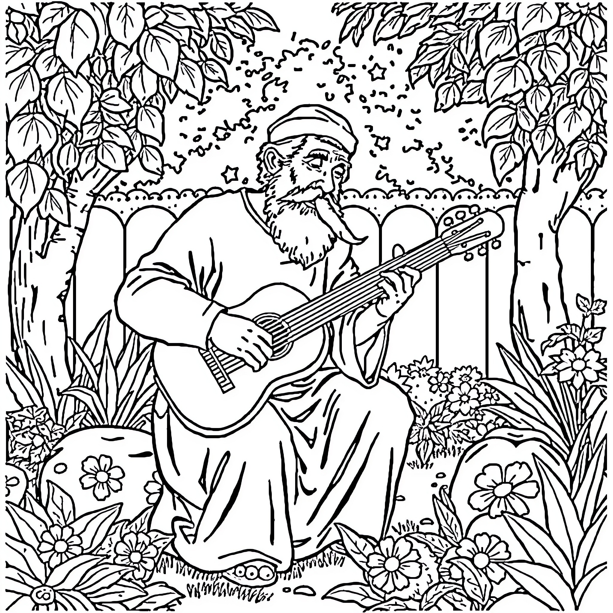 Pastor Alemán playing guitar amidst lush foliage Coloring Page (free black-and-white line drawing printable PDF for all, from beginners to advanced learners, including children, teens, adults, and seniors)