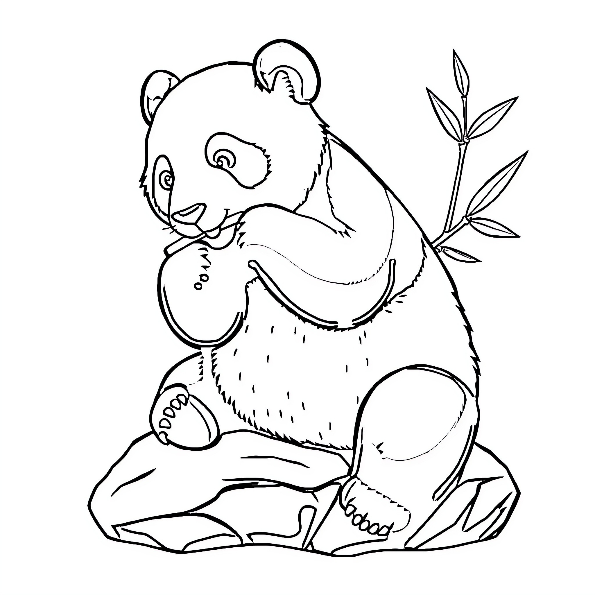 Panda relaxing with bamboo Coloring Page (free black-and-white line drawing printable PDF for all, from beginners to advanced learners, including children, teens, adults, and seniors)