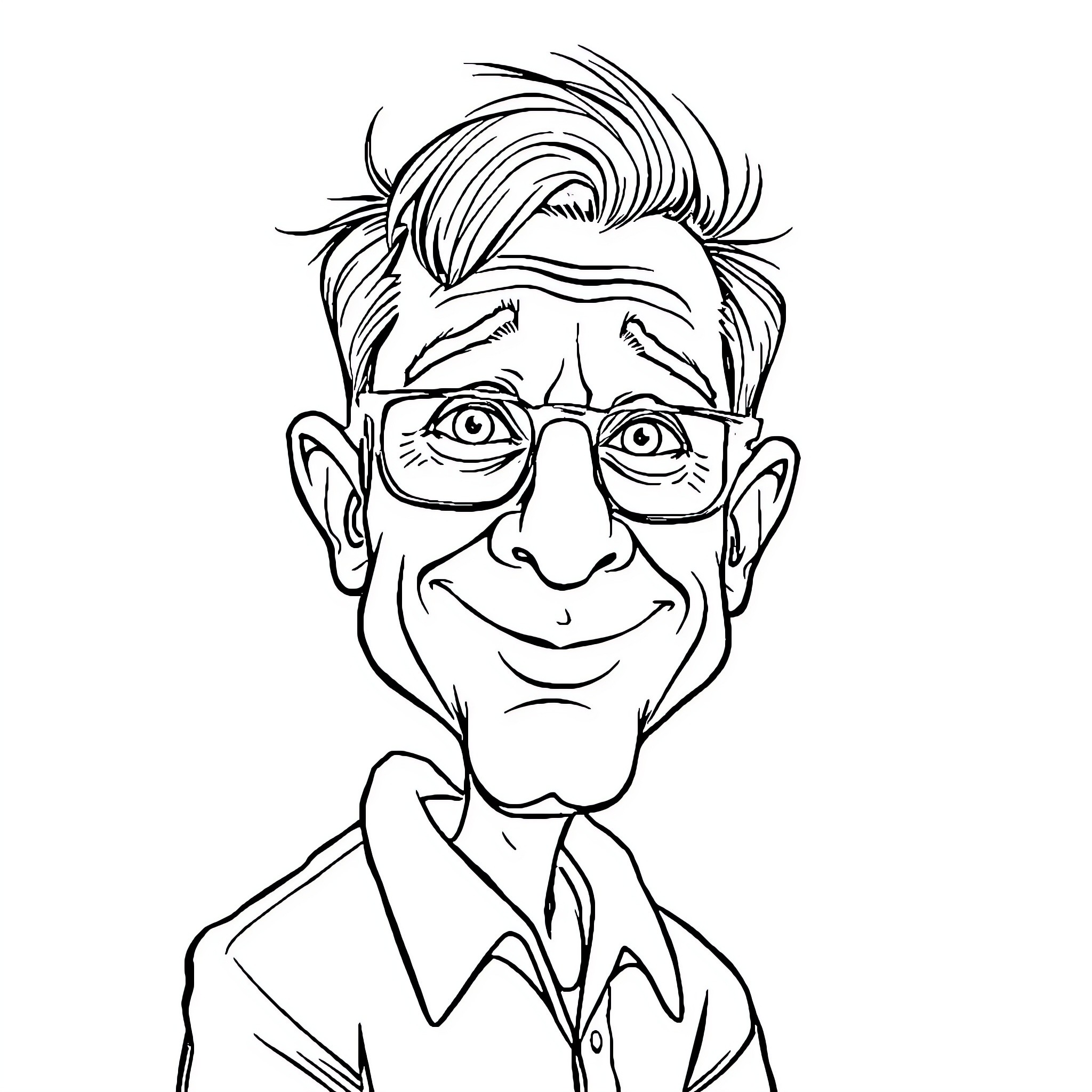Caricature of a smiling man with glasses Coloring Page (free black-and-white line drawing printable PDF for all, from beginners to advanced learners, including children, teens, adults, and seniors)