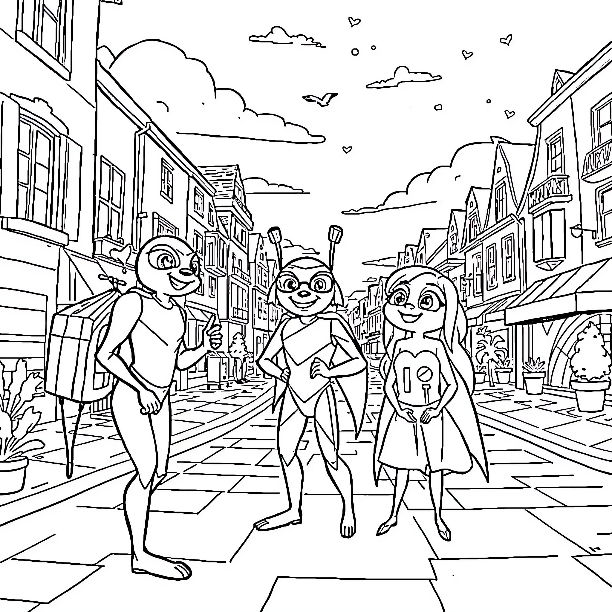Patrouille of friendly aliens exploring the city Coloring Page (free black-and-white line drawing printable PDF for all, from beginners to advanced learners, including children, teens, adults, and seniors)