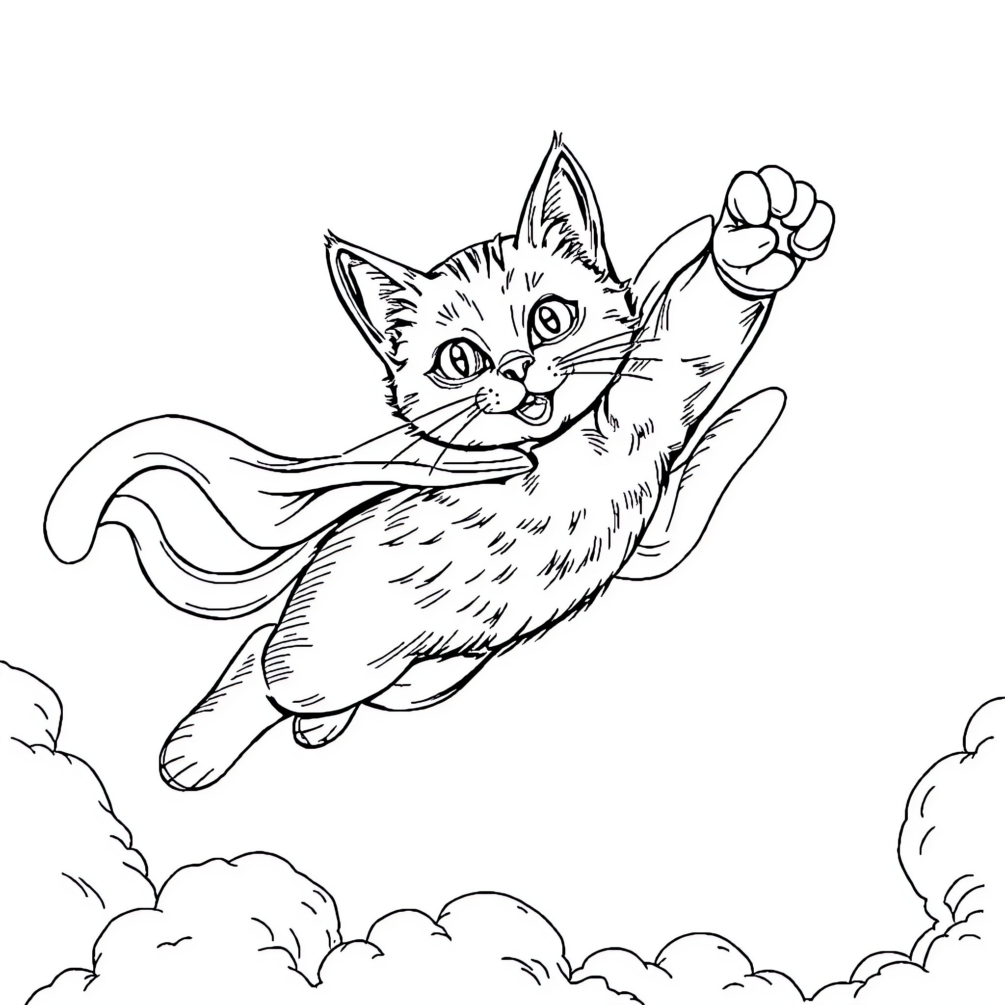 Cat soaring high above the clouds Coloring Page (free black-and-white line drawing printable PDF for all, from beginners to advanced learners, including children, teens, adults, and seniors)