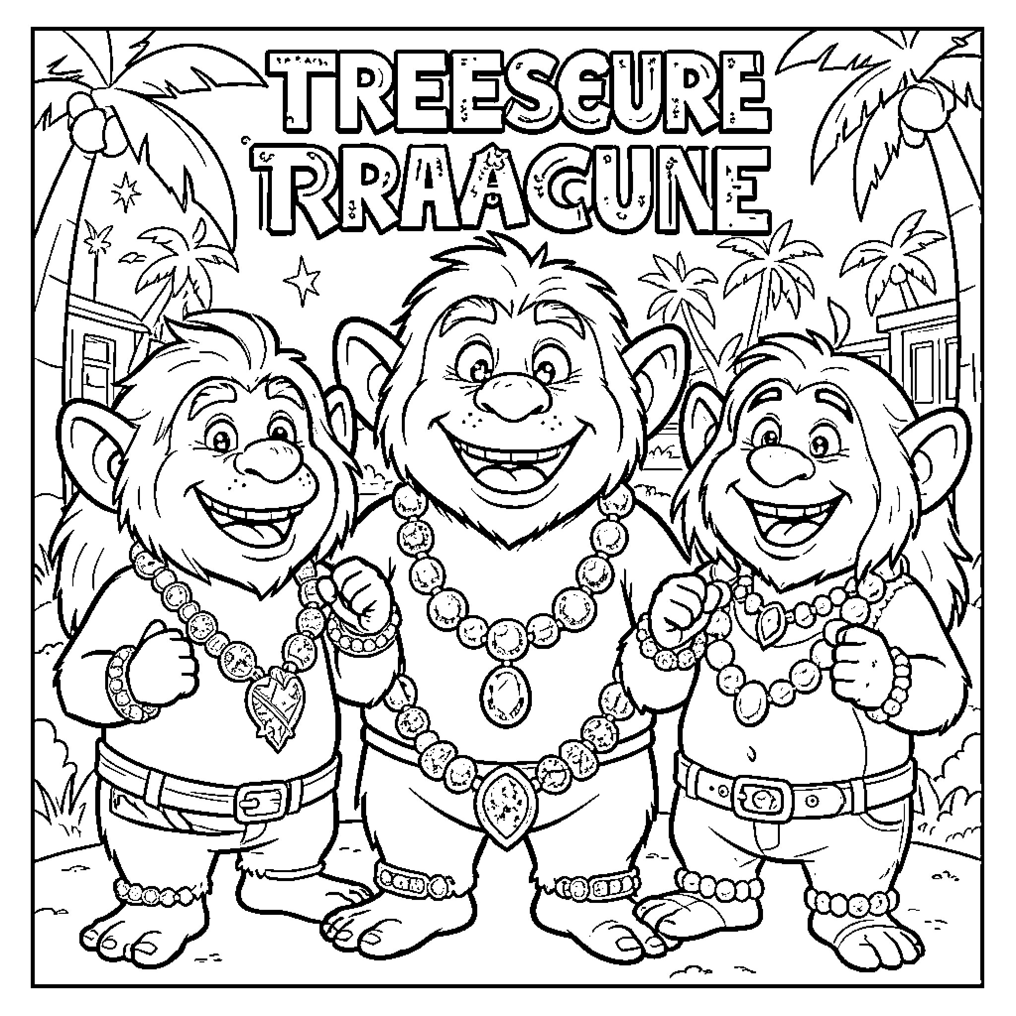 Treasure Troll trio exploring the jungle Coloring Page (free black-and-white line drawing printable PDF for all, from beginners to advanced learners, including children, teens, adults, and seniors)