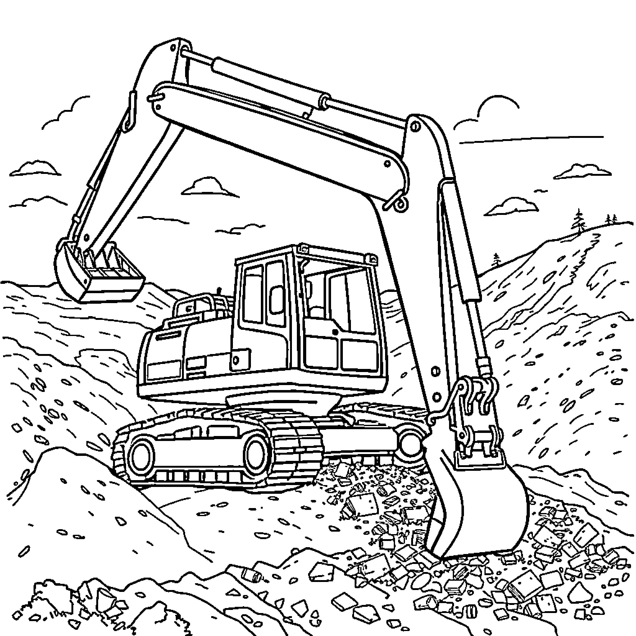 Excavator digging and moving earth at construction site Coloring Page (free black-and-white line drawing printable PDF for all, from beginners to advanced learners, including children, teens, adults, and seniors)