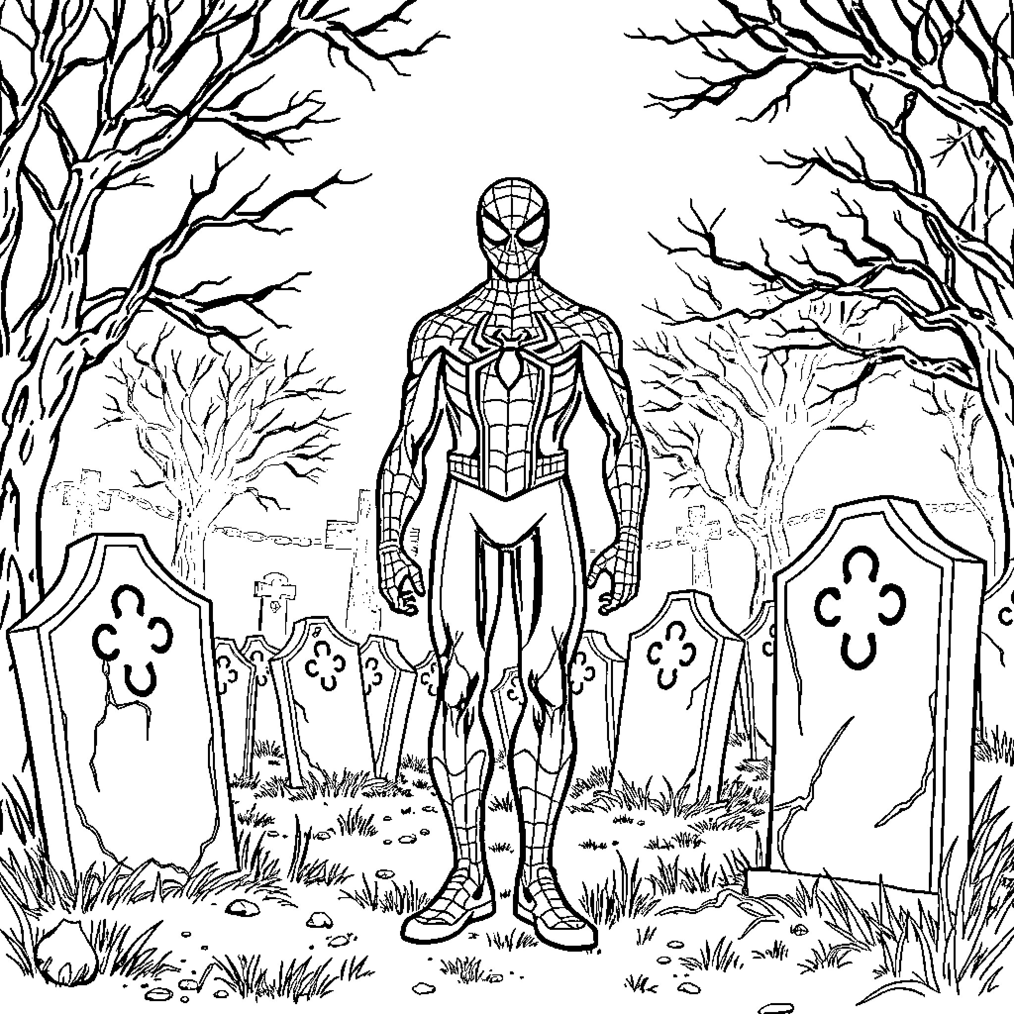 Spiderman in a spooky graveyard scene Coloring Page (free black-and-white line drawing printable PDF for all, from beginners to advanced learners, including children, teens, adults, and seniors)