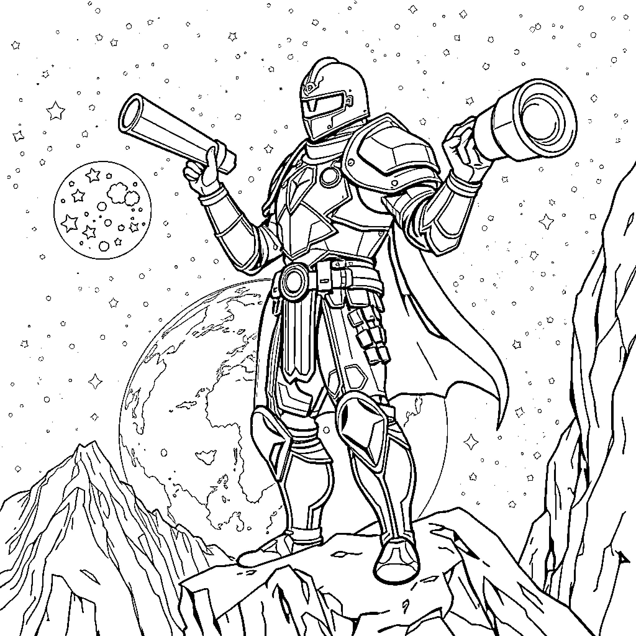 Guardian Robo-knight Defending the Earth Coloring Page (free black-and-white line drawing printable PDF for all, from beginners to advanced learners, including children, teens, adults, and seniors)