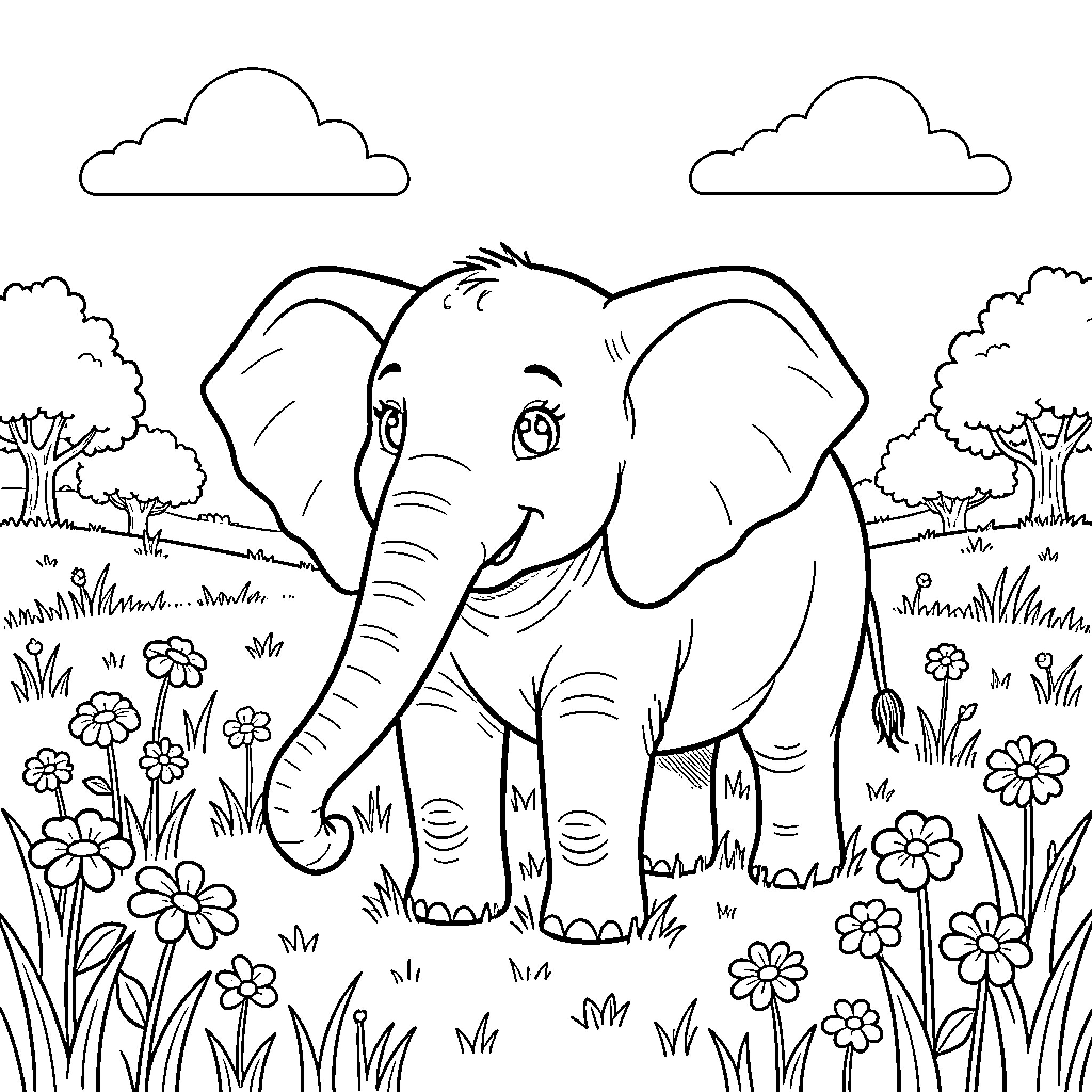Strawberry Elephant enjoying nature in the meadow Coloring Page (free black-and-white line drawing printable PDF for all, from beginners to advanced learners, including children, teens, adults, and seniors)
