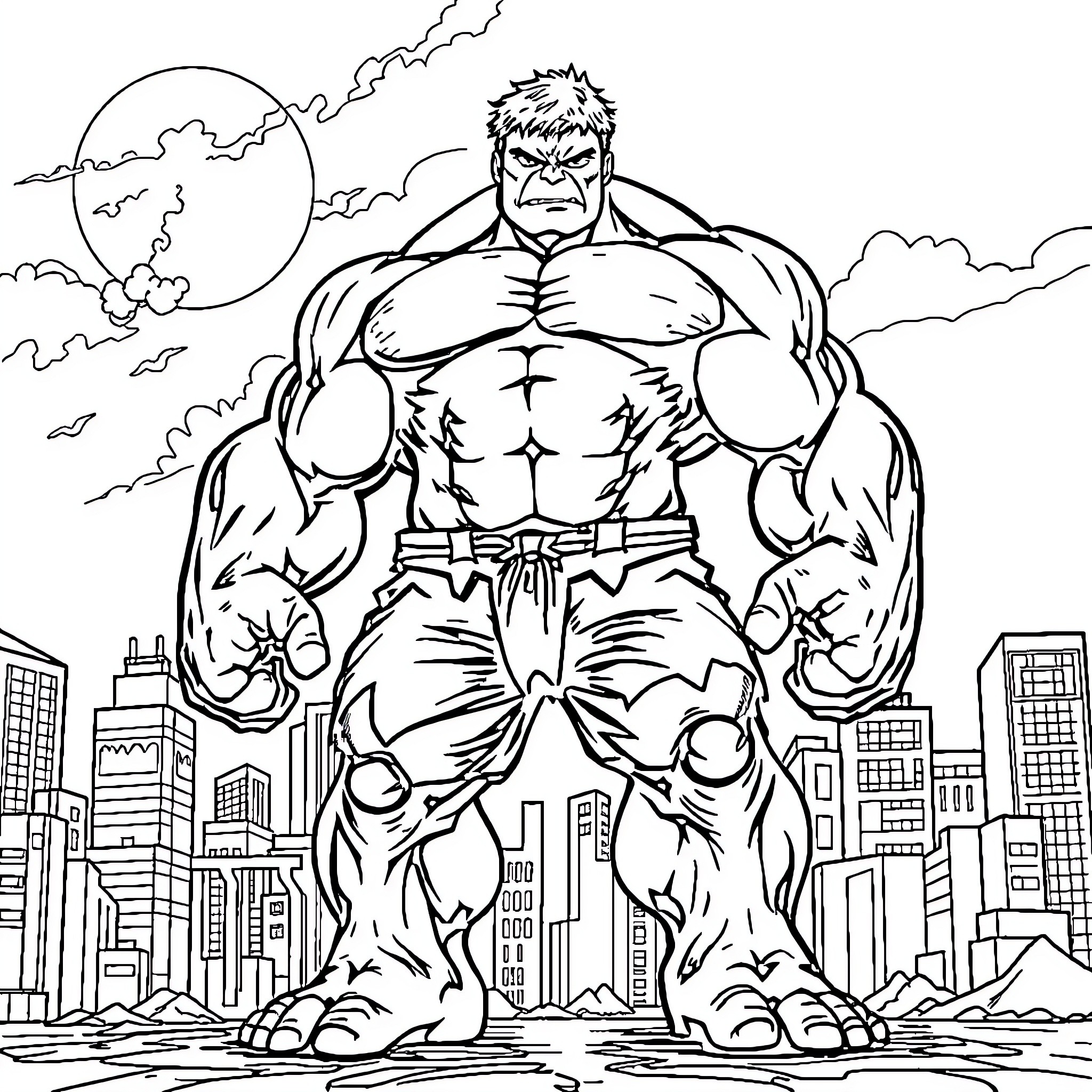 Hulk stands tall in the city, ready for action Coloring Page (free black-and-white line drawing printable PDF for all, from beginners to advanced learners, including children, teens, adults, and seniors)