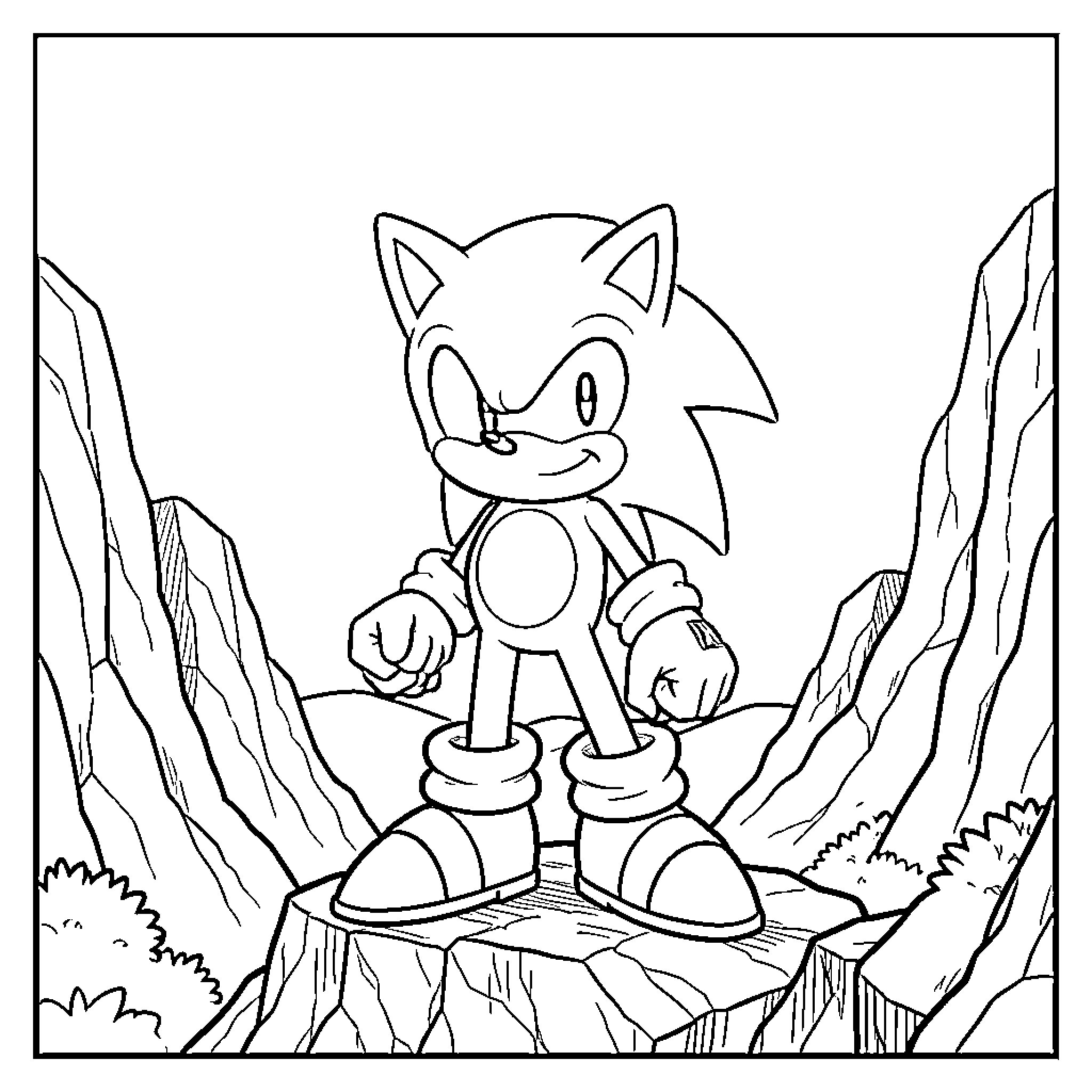 Sonic.exe standing confidently on a rocky mountain terrain Coloring Page (free black-and-white line drawing printable PDF for all, from beginners to advanced learners, including children, teens, adults, and seniors)