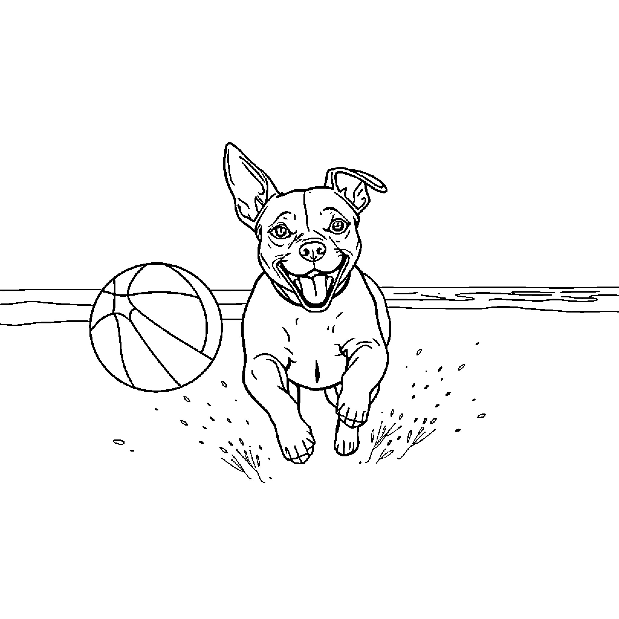 Pitbull Chihuahua Mix Playing With Beach Ball on the Shore Coloring Page (free black-and-white line drawing printable PDF for all, from beginners to advanced learners, including children, teens, adults, and seniors)