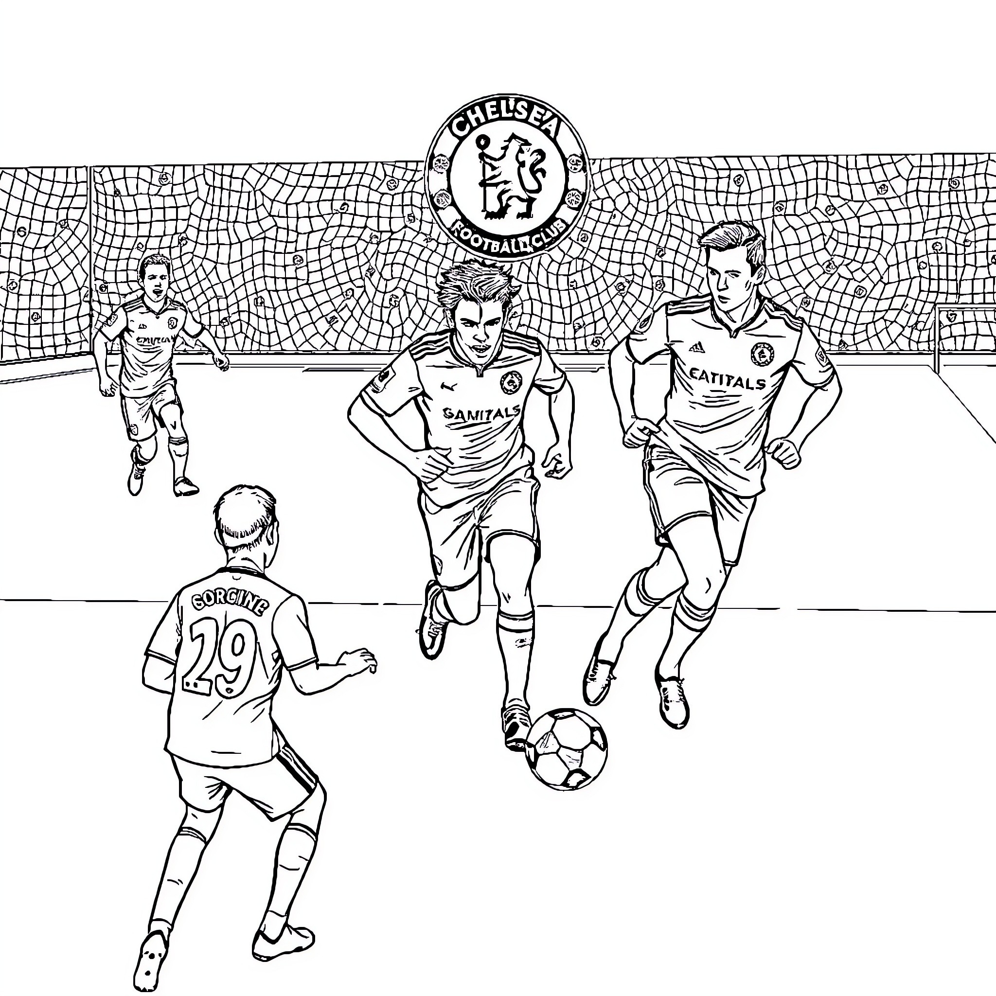 Chelsea football players in action on the field Coloring Page (free black-and-white line drawing printable PDF for all, from beginners to advanced learners, including children, teens, adults, and seniors)