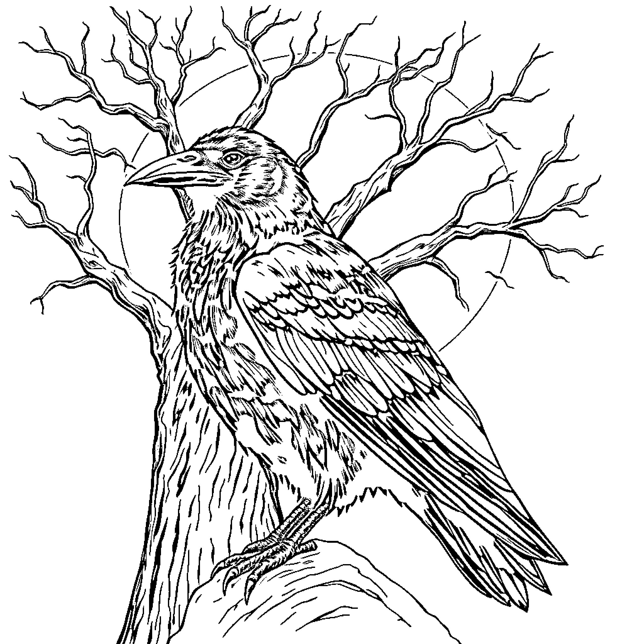 Raven perched amidst bare branches Coloring Page (free black-and-white line drawing printable PDF for all, from beginners to advanced learners, including children, teens, adults, and seniors)