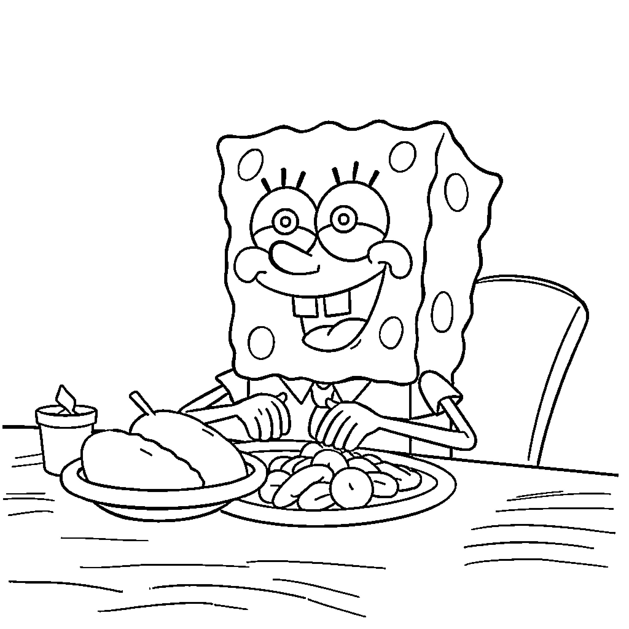 Spongebob enjoying a delicious meal Coloring Page (free black-and-white line drawing printable PDF for all, from beginners to advanced learners, including children, teens, adults, and seniors)