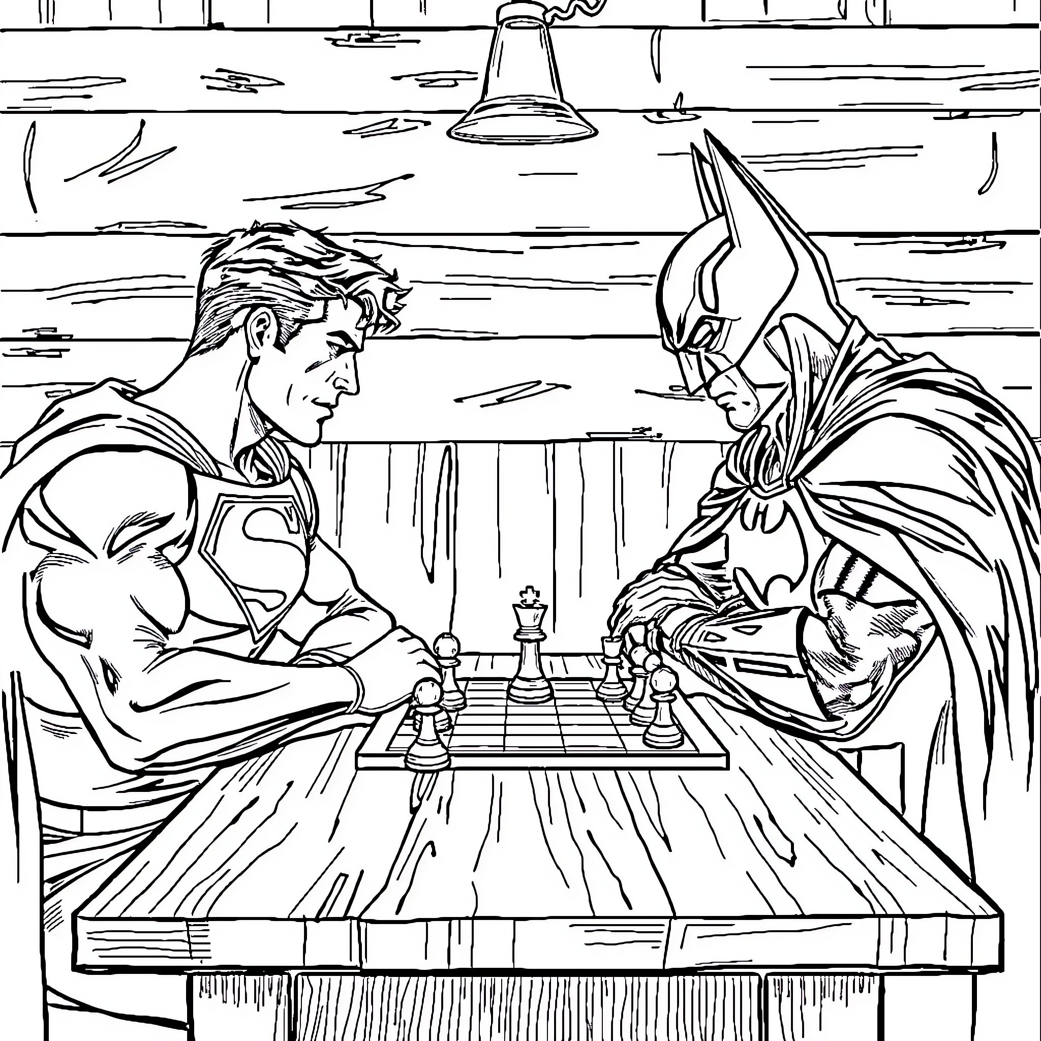 Superman and Batman play chess in a dark setting Coloring Page (free black-and-white line drawing printable PDF for all, from beginners to advanced learners, including children, teens, adults, and seniors)