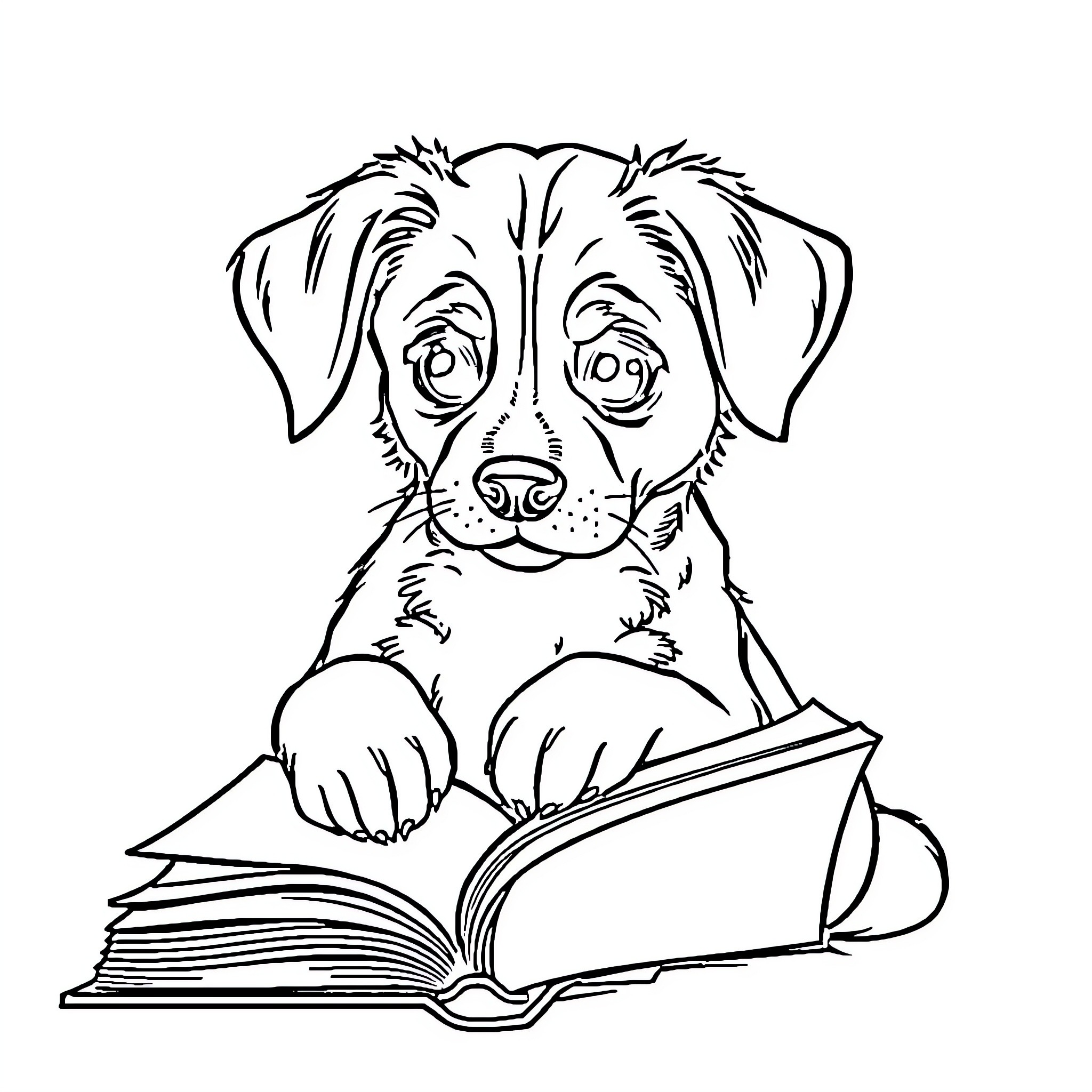 Dog reading a book intently Coloring Page (free black-and-white line drawing printable PDF for all, from beginners to advanced learners, including children, teens, adults, and seniors)