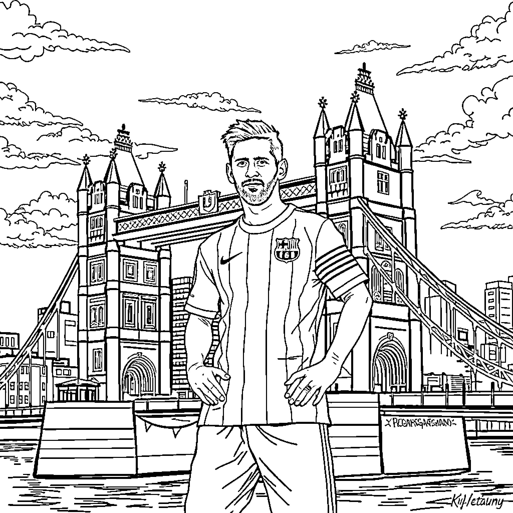Lionel Messi in front of iconic London Bridge Coloring Page (free black-and-white line drawing printable PDF for all, from beginners to advanced learners, including children, teens, adults, and seniors)