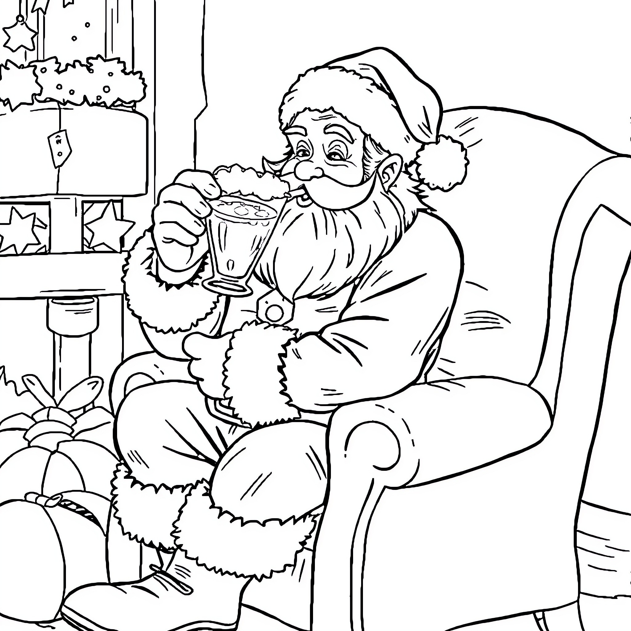 Santa Claus enjoying a hot beverage in his cozy home Coloring Page (free black-and-white line drawing printable PDF for all, from beginners to advanced learners, including children, teens, adults, and seniors)