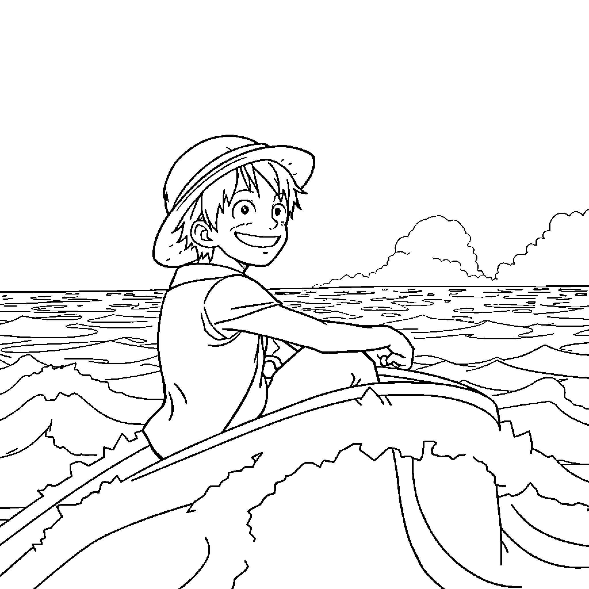 Luffy Adventuring Through the Waves Coloring Page (free black-and-white line drawing printable PDF for all, from beginners to advanced learners, including children, teens, adults, and seniors)