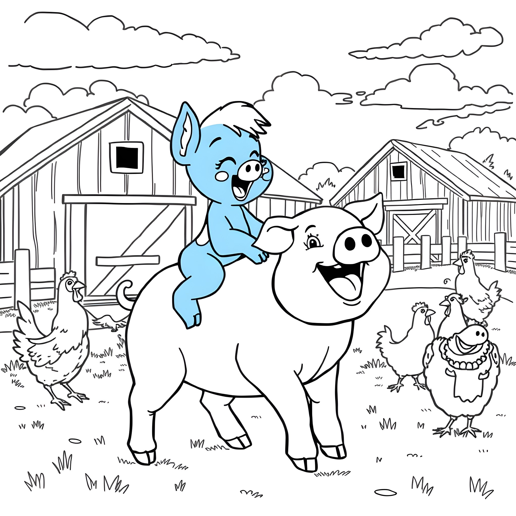 Bluey playing with farm animals in the countryside Coloring Page (free black-and-white line drawing printable PDF for all, from beginners to advanced learners, including children, teens, adults, and seniors)