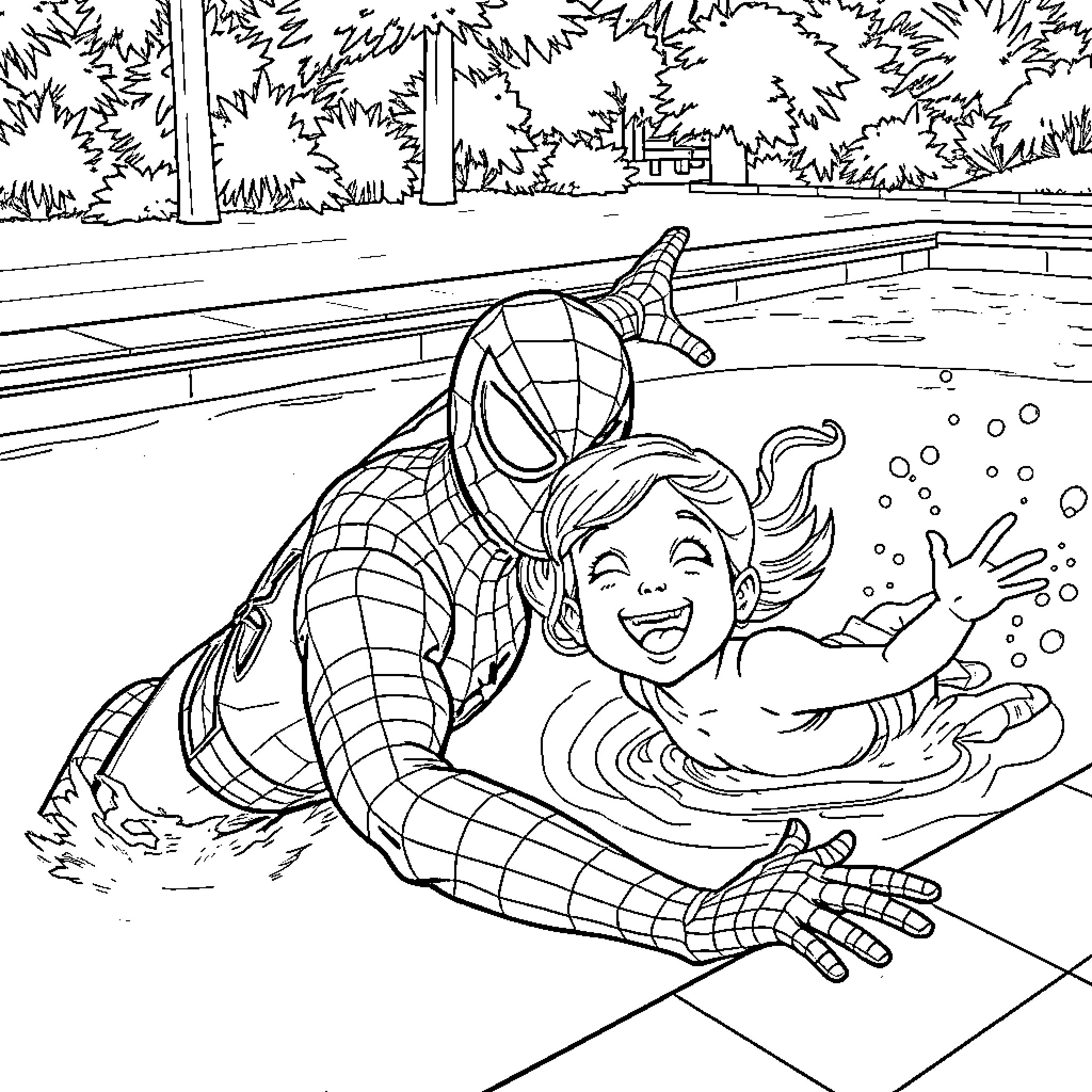 Spiderman playing with a cheerful child Coloring Page (free black-and-white line drawing printable PDF for all, from beginners to advanced learners, including children, teens, adults, and seniors)