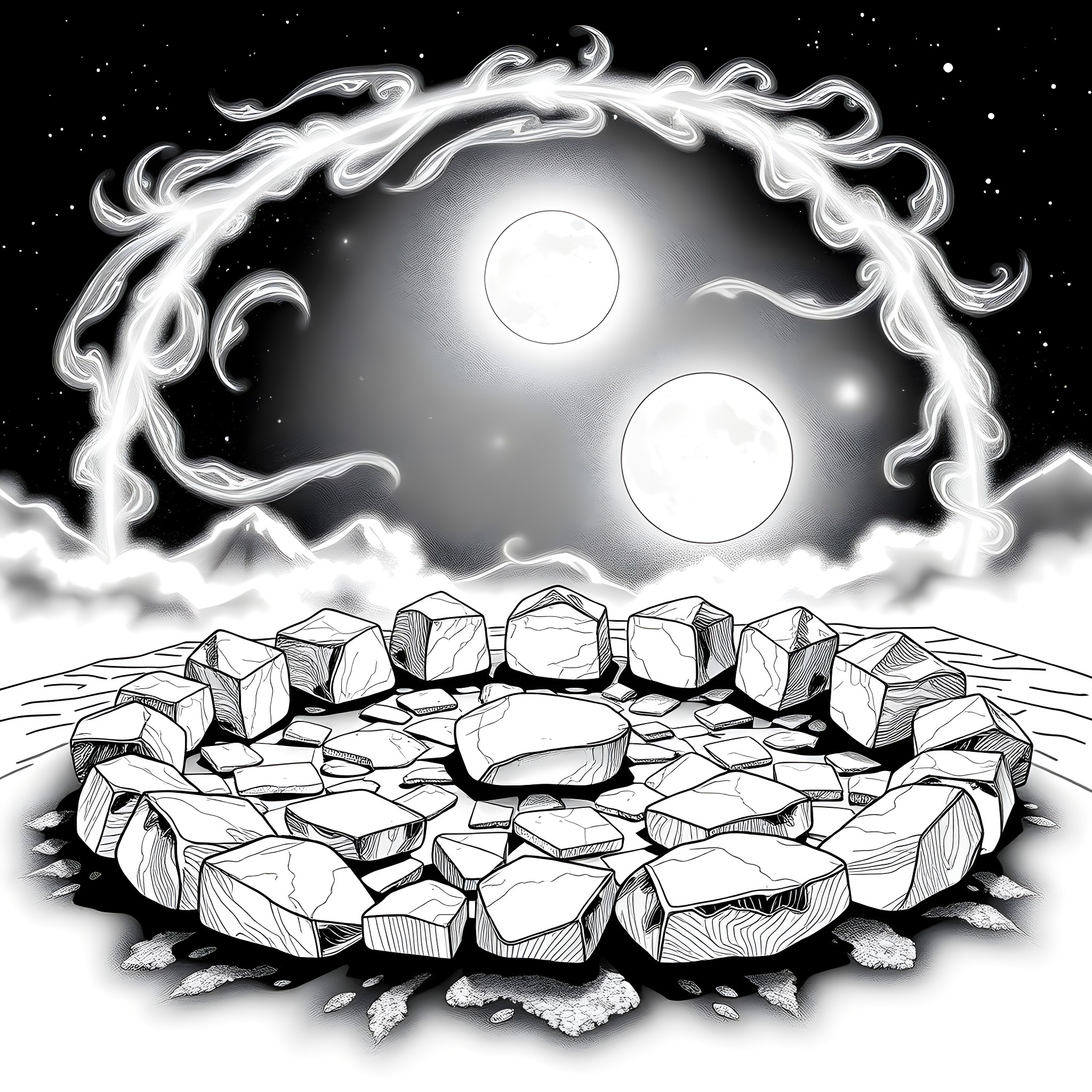 Spirit's Ethereal Realm of Celestial Enchantment Coloring Page (free black-and-white line drawing printable PDF for all, from beginners to advanced learners, including children, teens, adults, and seniors)