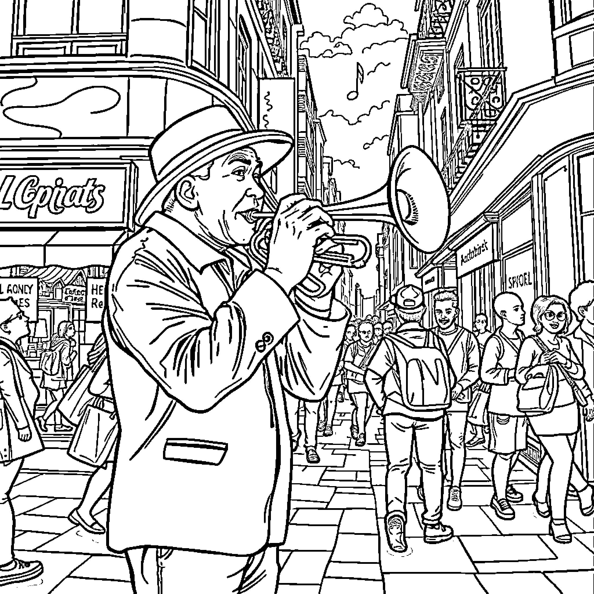 Man playing trumpet in a crowded city street Coloring Page (free black-and-white line drawing printable PDF for all, from beginners to advanced learners, including children, teens, adults, and seniors)
