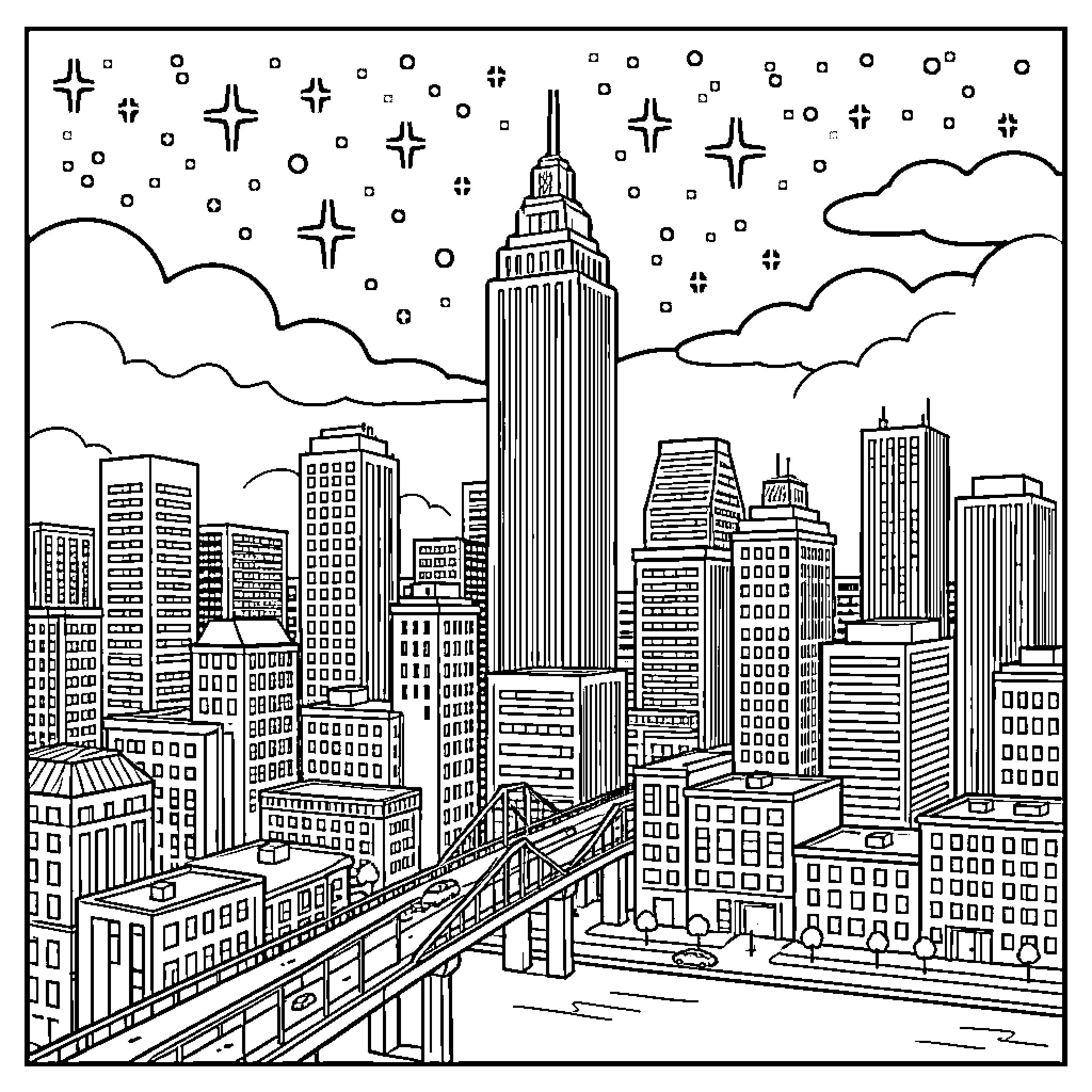 City Skyline with Towering Skyscrapers Coloring Page (free black-and-white line drawing printable PDF for all, from beginners to advanced learners, including children, teens, adults, and seniors)