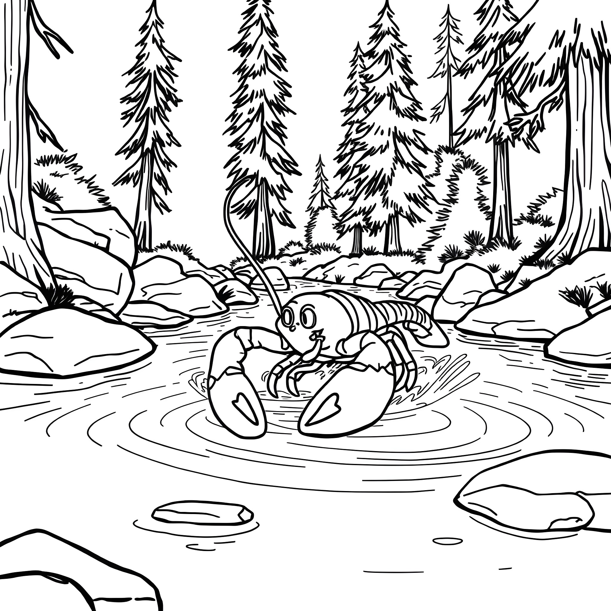 Lobster exploring the forest stream Coloring Page (free black-and-white line drawing printable PDF for all, from beginners to advanced learners, including children, teens, adults, and seniors)