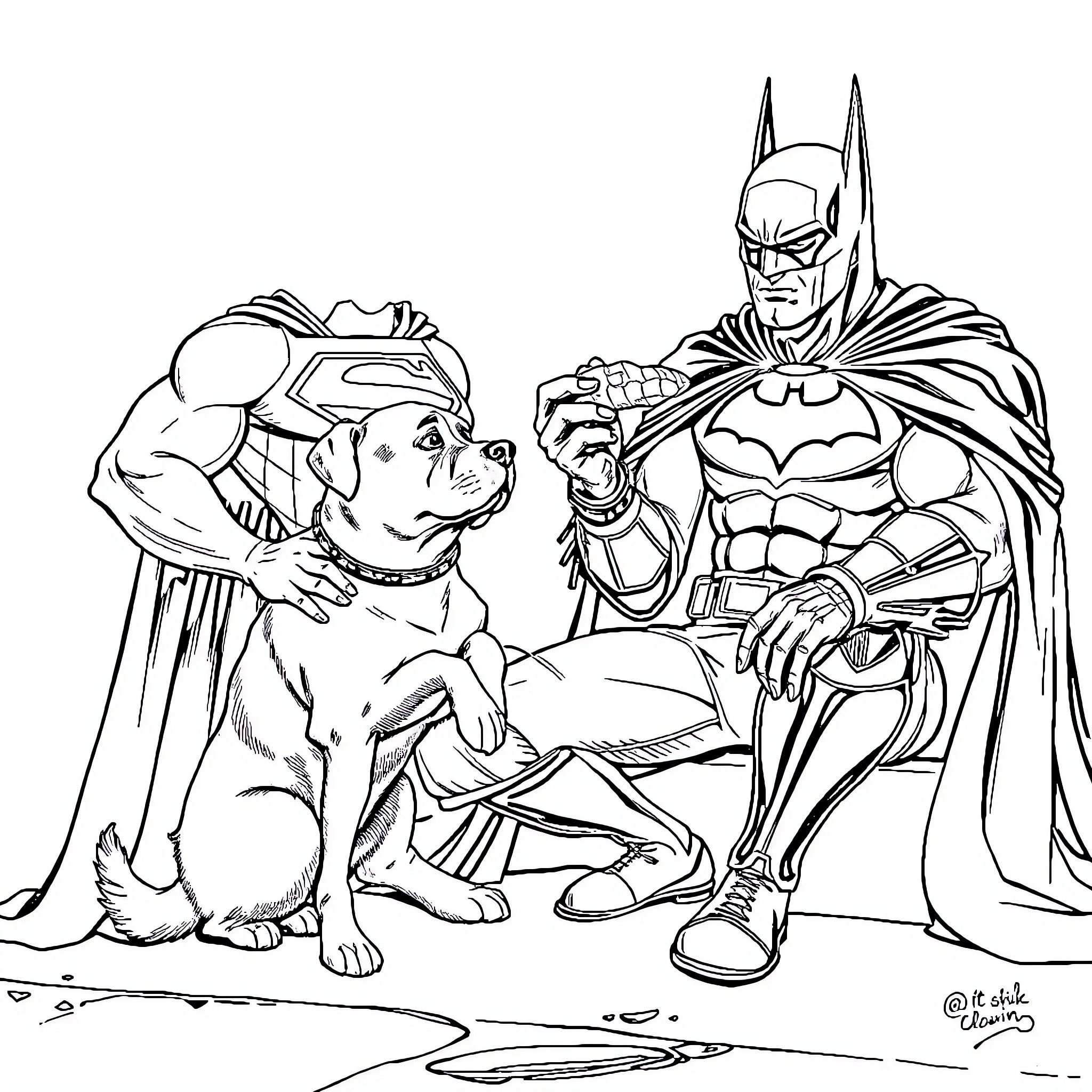 Dog playing with heroic vigilante in city Coloring Page (free black-and-white line drawing printable PDF for all, from beginners to advanced learners, including children, teens, adults, and seniors)