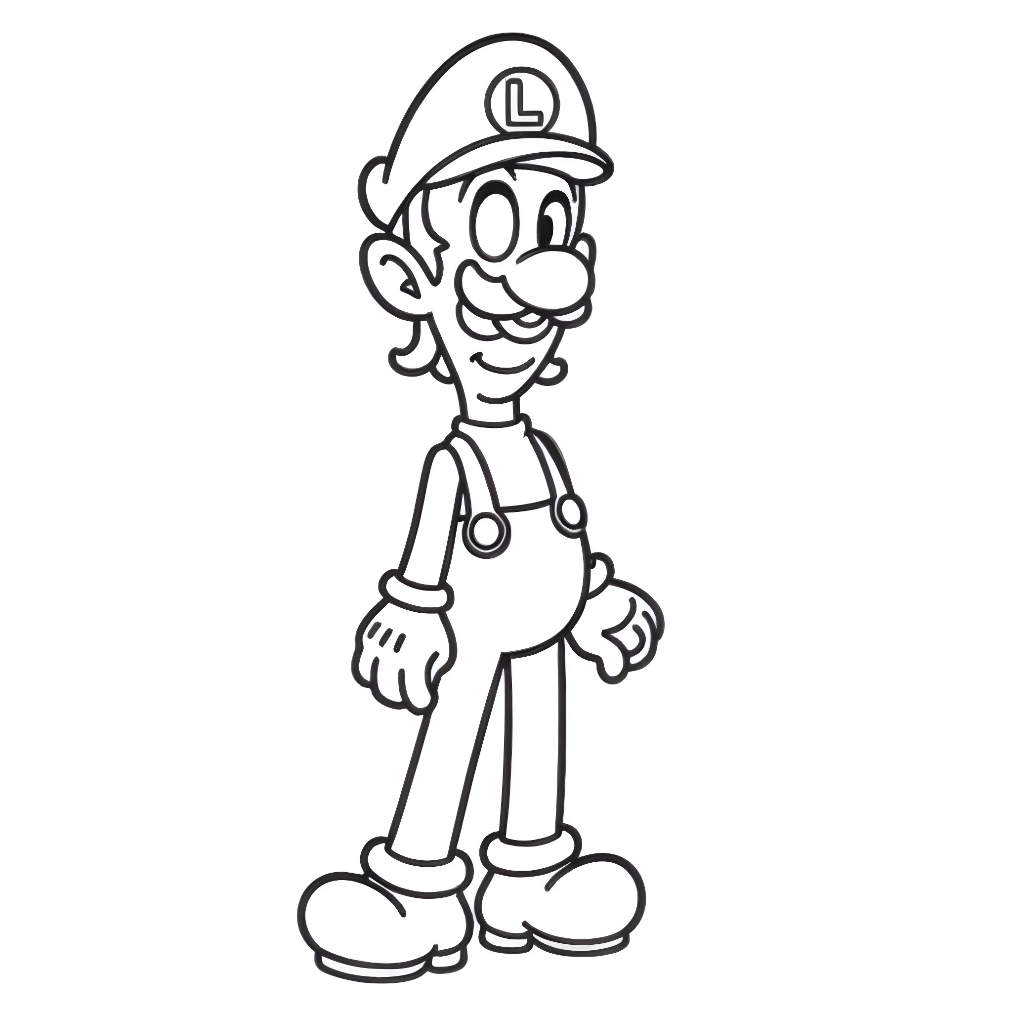 Waluigi standing confidently in his trademark outfit Coloring Page (free black-and-white line drawing printable PDF for all, from beginners to advanced learners, including children, teens, adults, and seniors)
