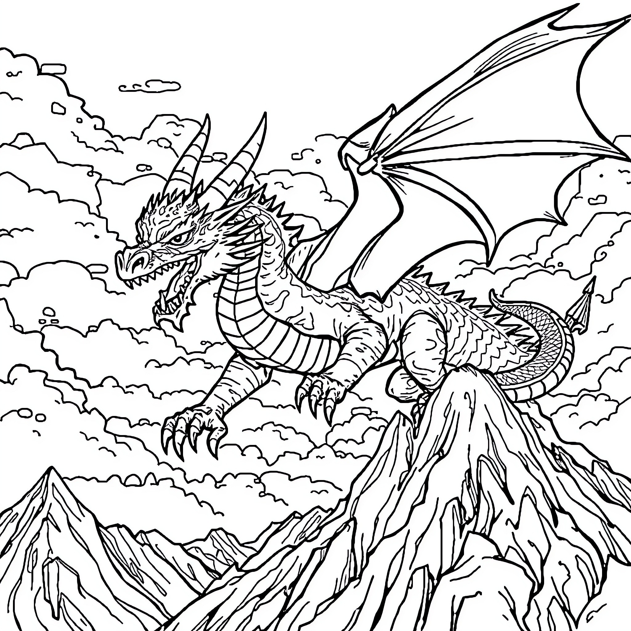 Dragon soaring above majestic mountains Coloring Page (free black-and-white line drawing printable PDF for all, from beginners to advanced learners, including children, teens, adults, and seniors)