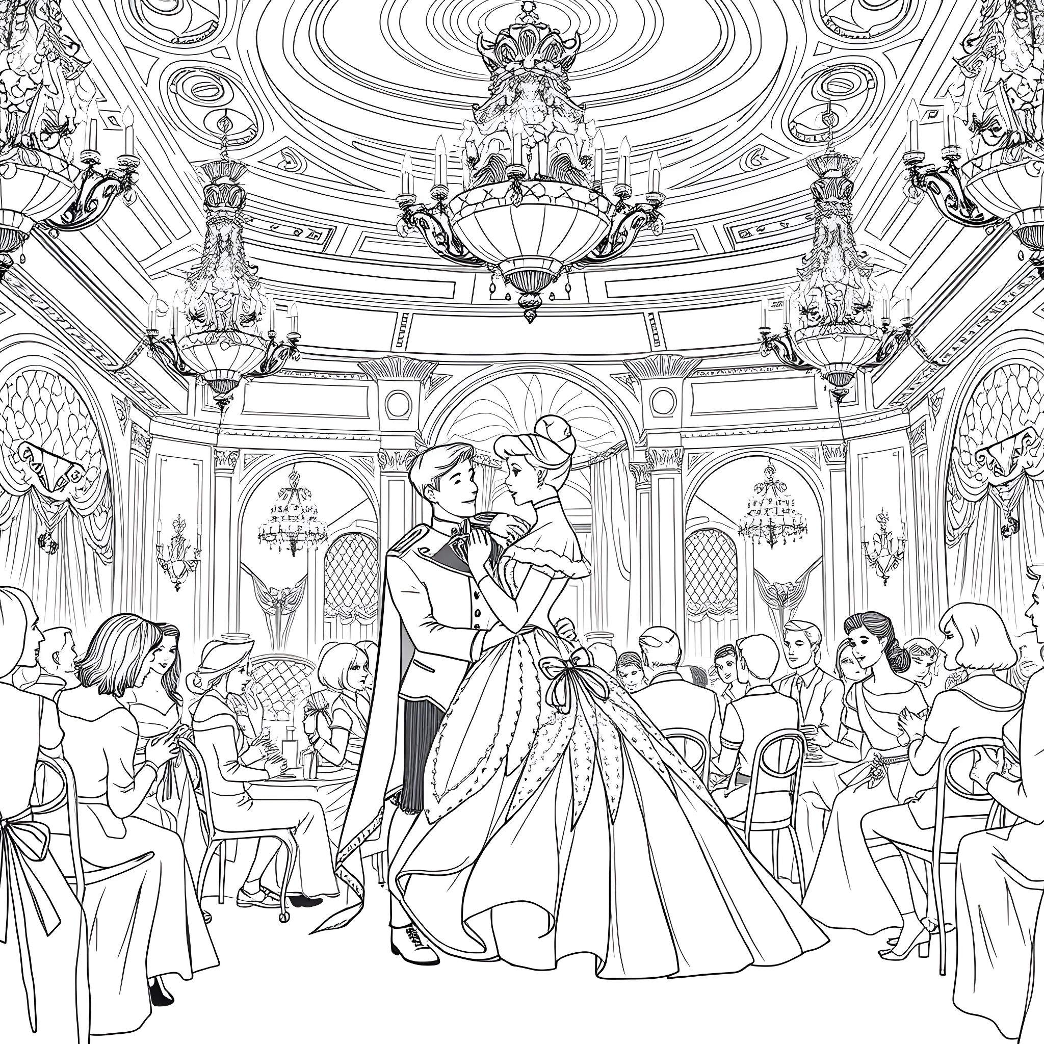 Cinderella's Enchanting Ball Celebration Coloring Page (free black-and-white line drawing printable PDF for all, from beginners to advanced learners, including children, teens, adults, and seniors)