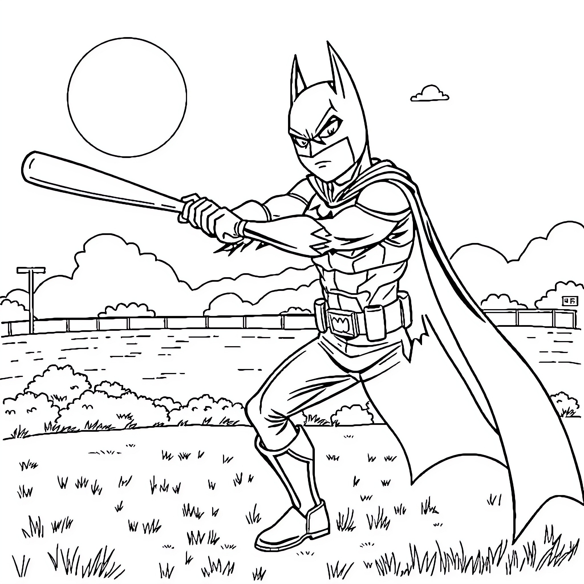 Batman taking a decisive action in the park Coloring Page (free black-and-white line drawing printable PDF for all, from beginners to advanced learners, including children, teens, adults, and seniors)