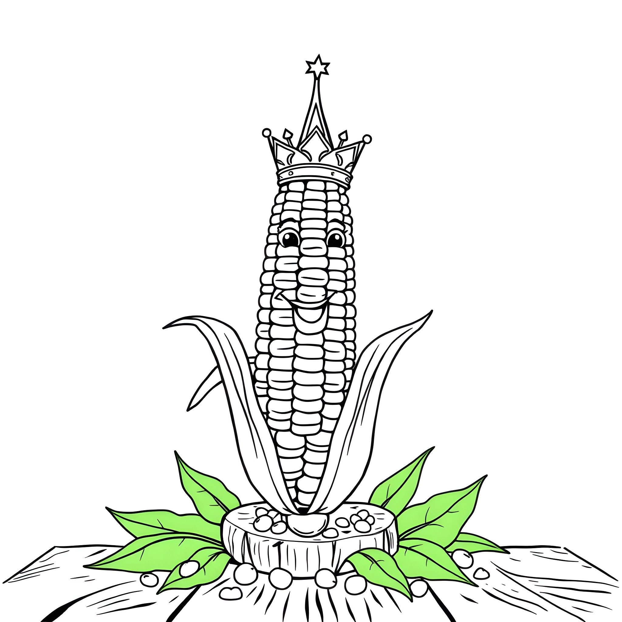 Corn crowned with a regal symbol on a leafy scene Coloring Page (free black-and-white line drawing printable PDF for all, from beginners to advanced learners, including children, teens, adults, and seniors)