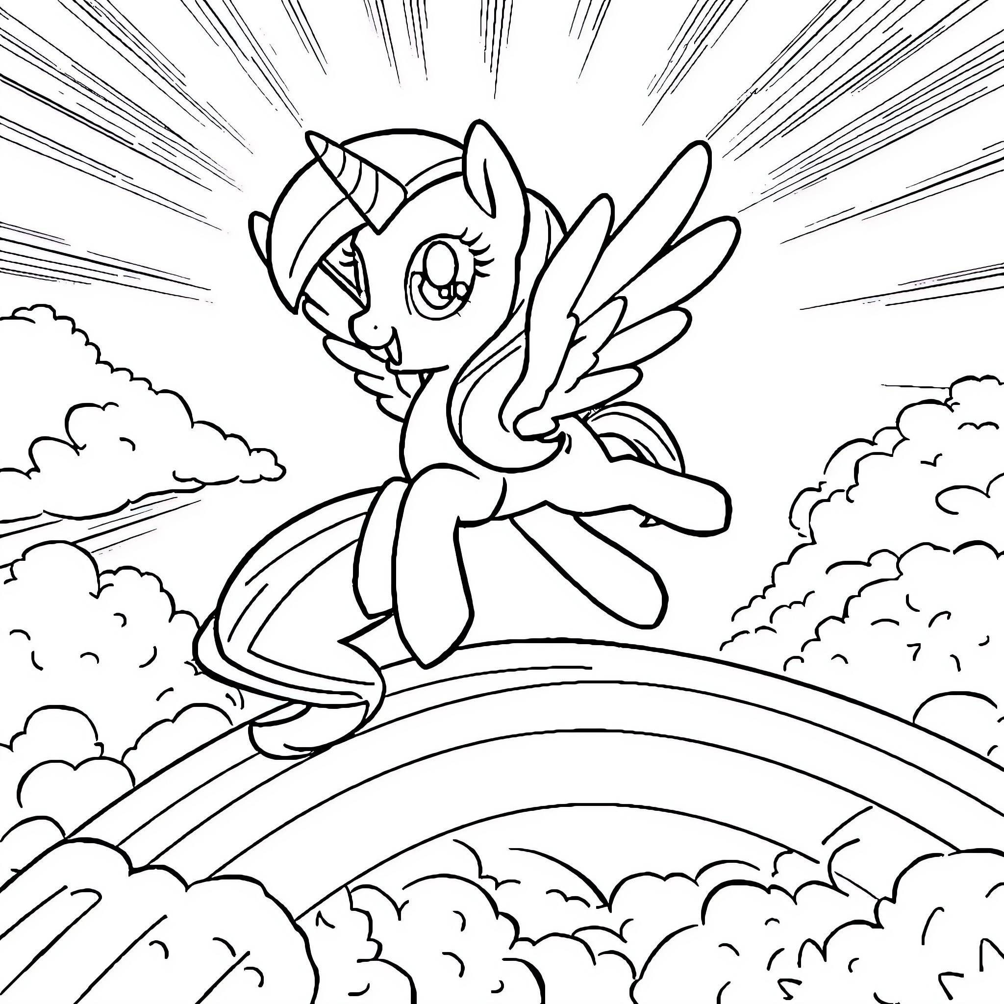 Twilight Sparkle soaring through the sky Coloring Page (free black-and-white line drawing printable PDF for all, from beginners to advanced learners, including children, teens, adults, and seniors)